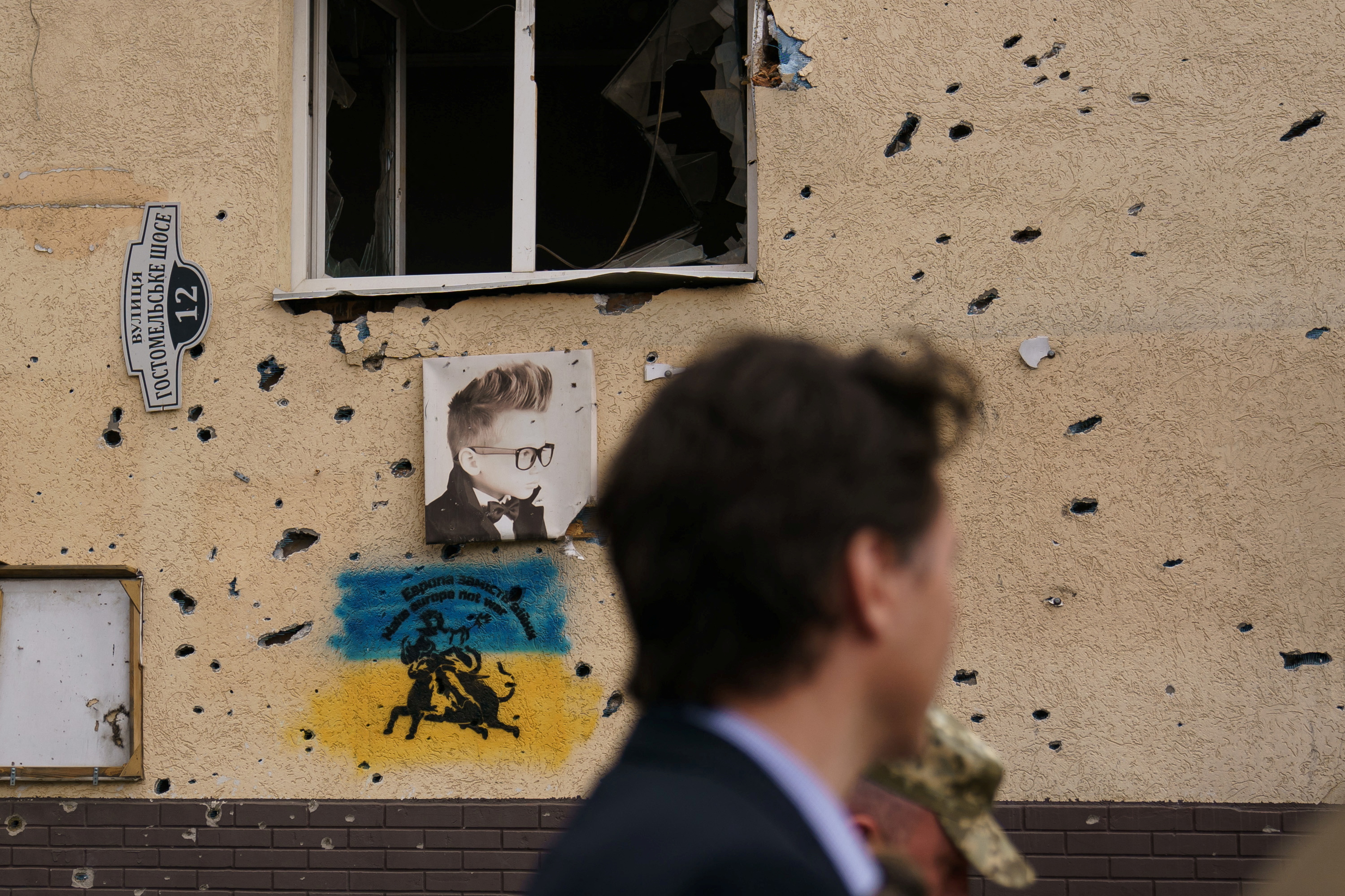Canada's Prime Minister Justin Trudeau visits a destroyed neighborhood in Irpin