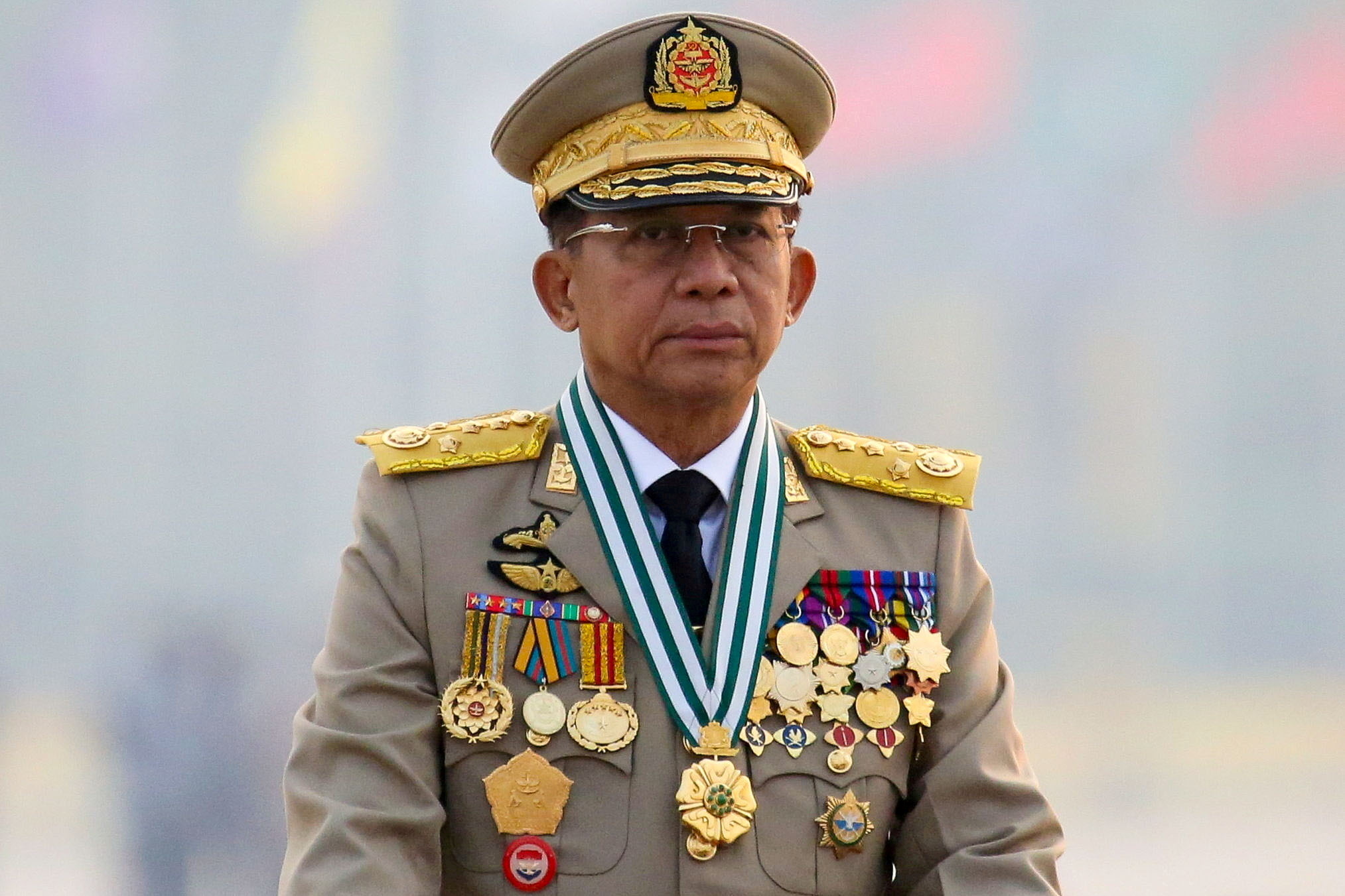 Myanmar's junta chief Senior General Min Aung Hlaing, who ousted the elected government in a coup on February 1, presides at an army parade on Armed Forces Day in Naypyitaw, Myanmar, March 27, 2021. REUTERS/Stringer/File Photo