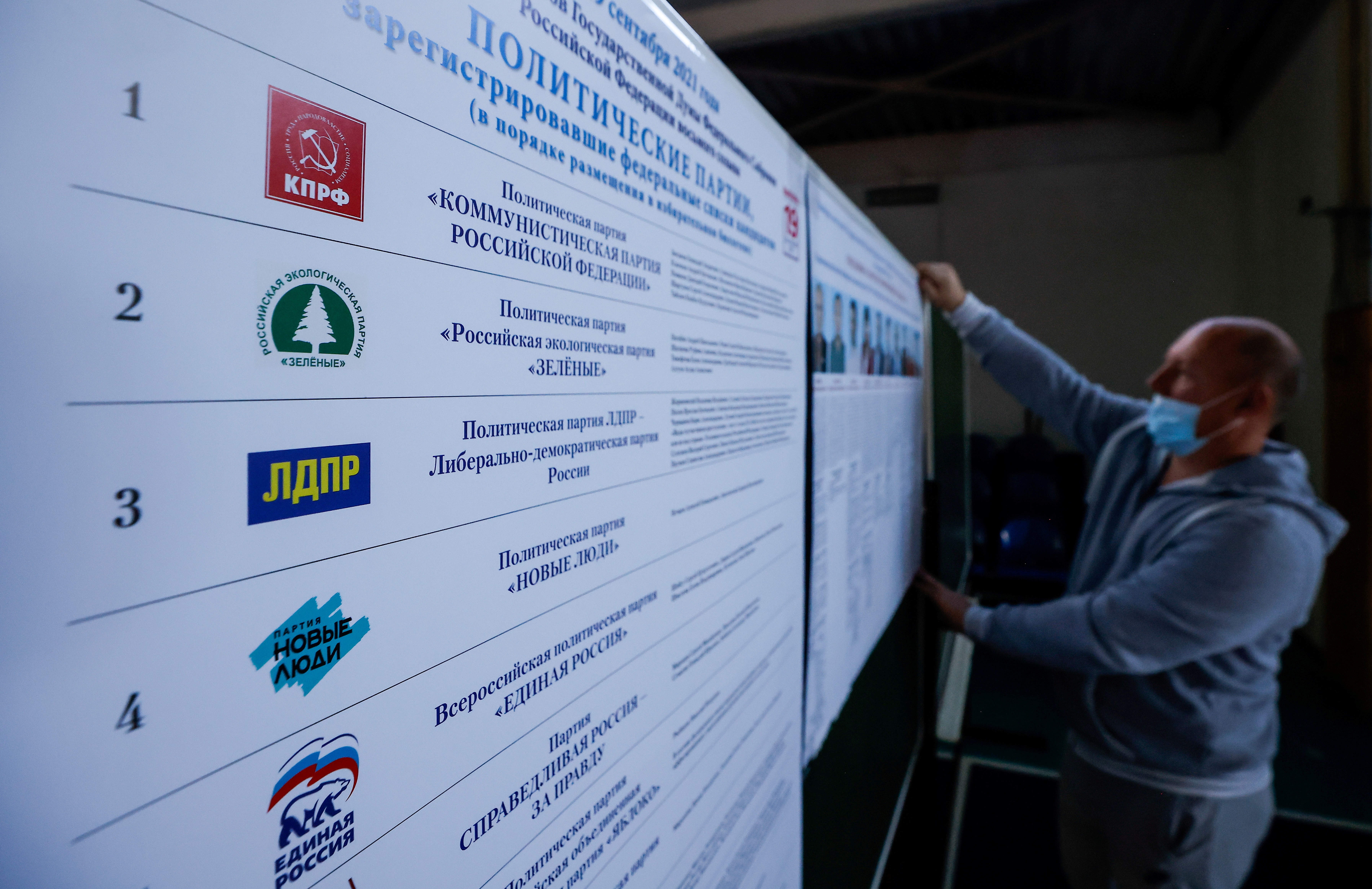A member of local election committee attaches a poster with pictures of candidates at a polling station ahead of parliamentary elections in the village of Ivolginsk