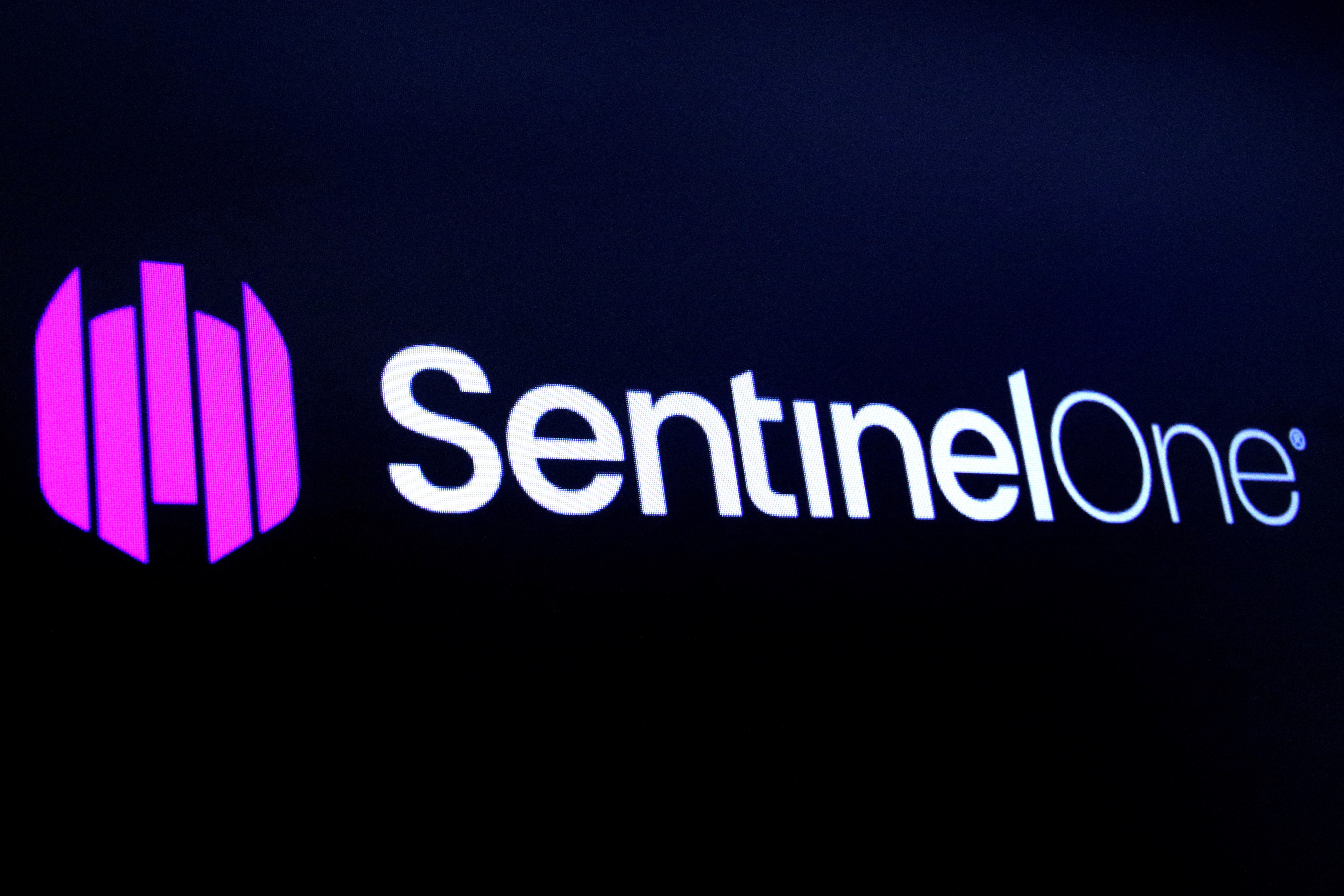 The logo for SentinelOne Inc, a cybersecurity firm, is displayed on a screen during the company’s IPO at the NYSE in New York