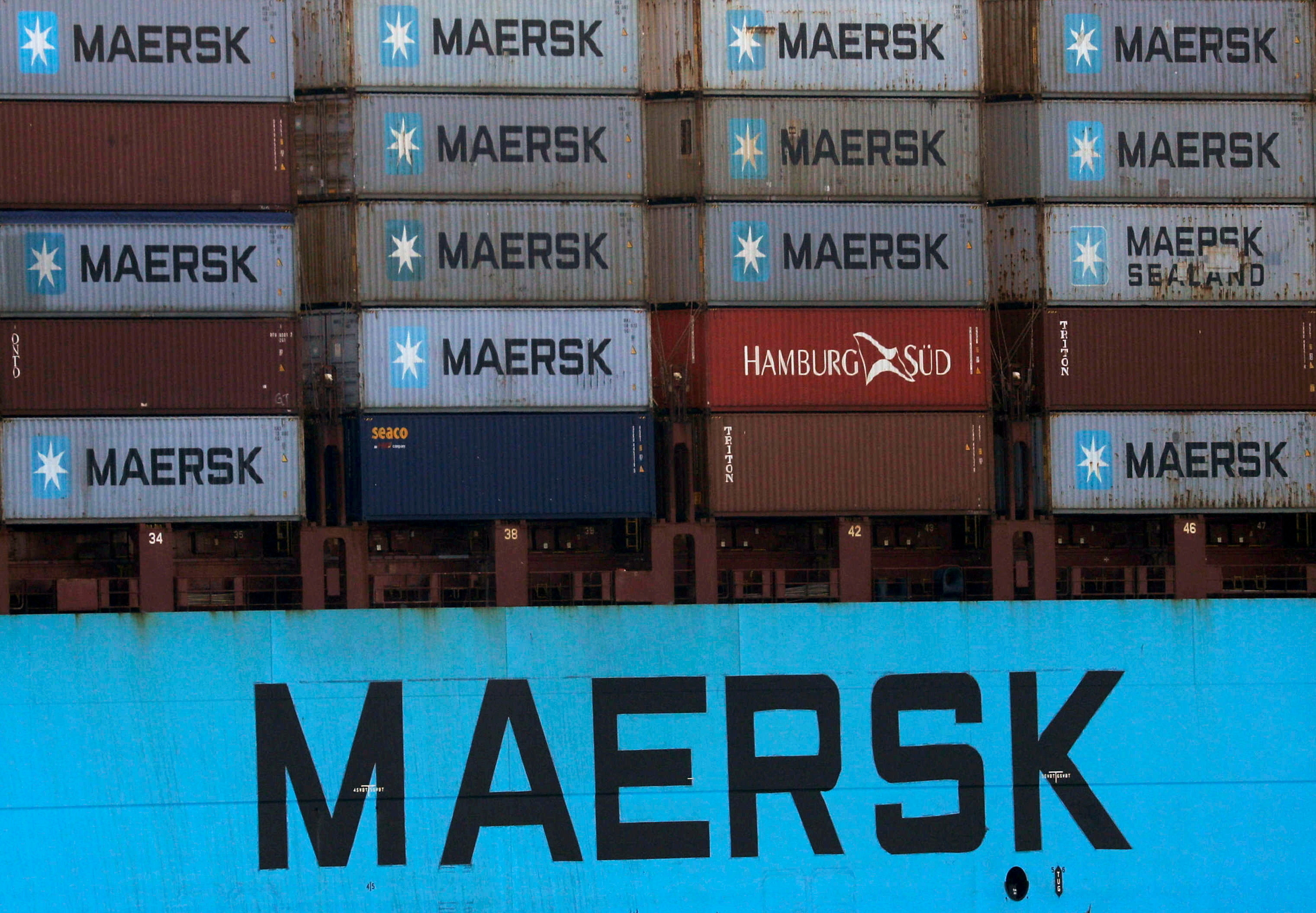 FILE PHOTO: A Maersk container ship in the Suez Canal in Ismailia, Egypt,