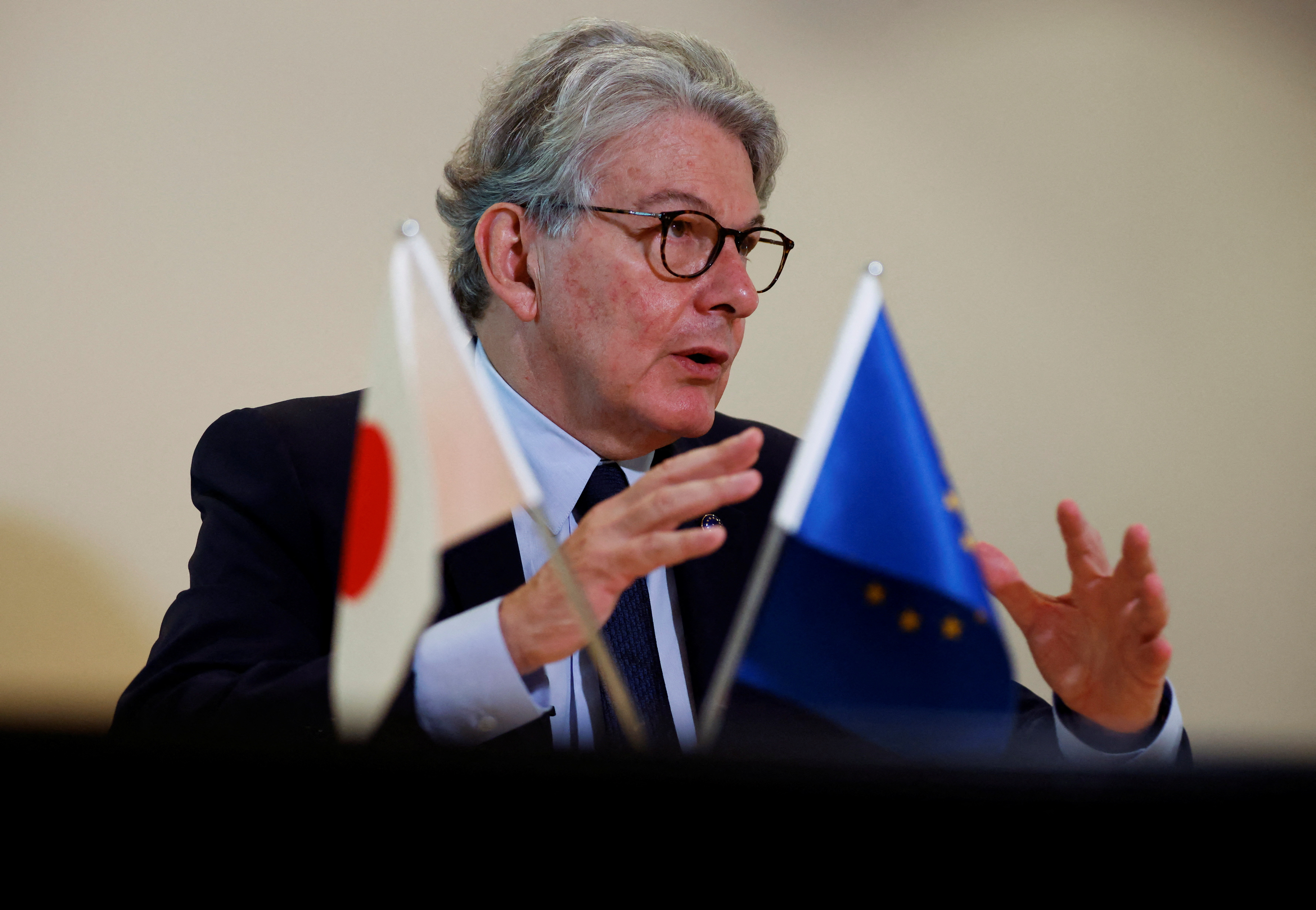 EU Commissioner for Internal Market Thierry Breton speaks during an interview with Reuters in Tokyo