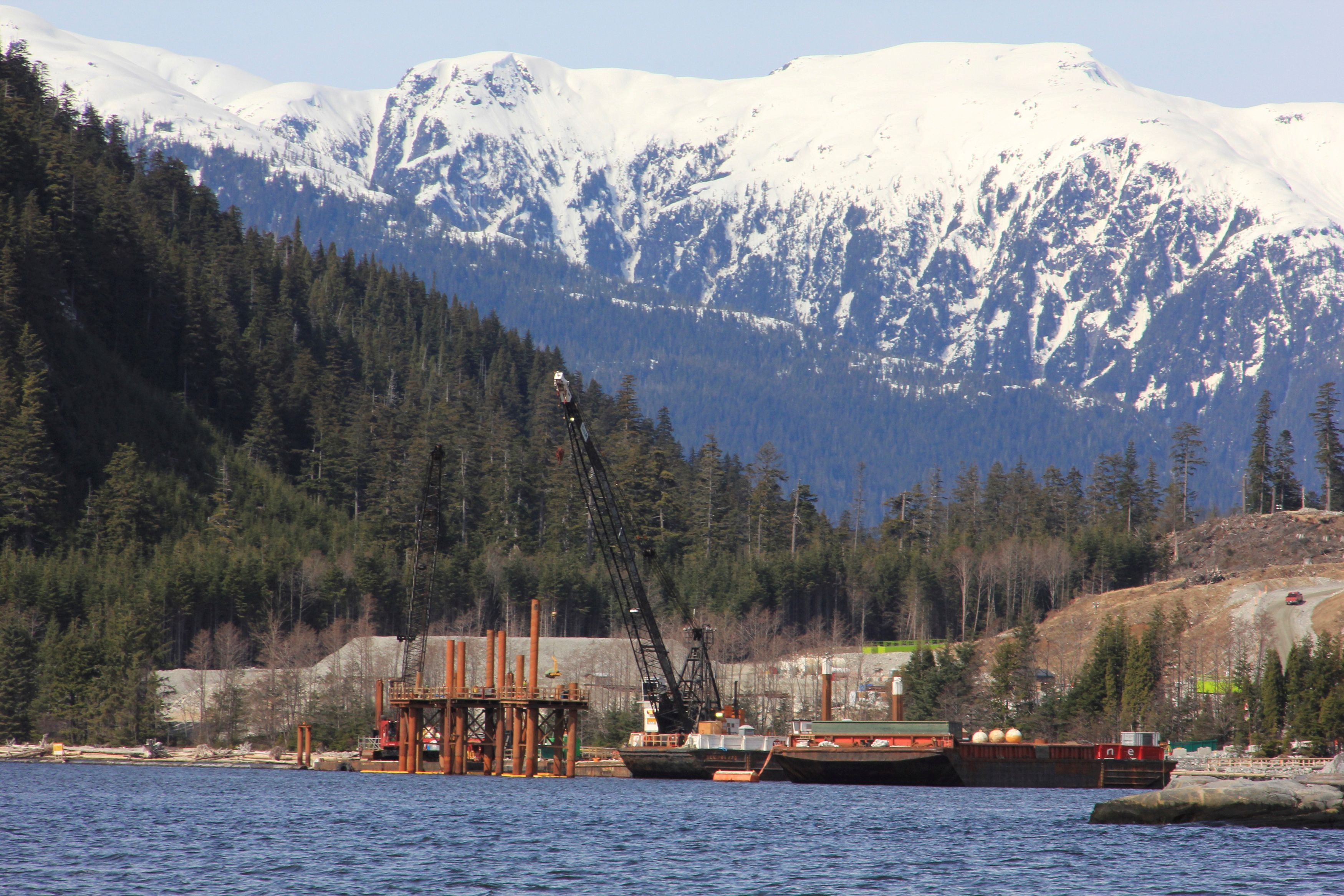 Cranes work in the water at the Kitimat LNG site near Kitimat, in northwestern British Columbia on April 13, 2014. REUTERS/Julie Gordon/File Photo