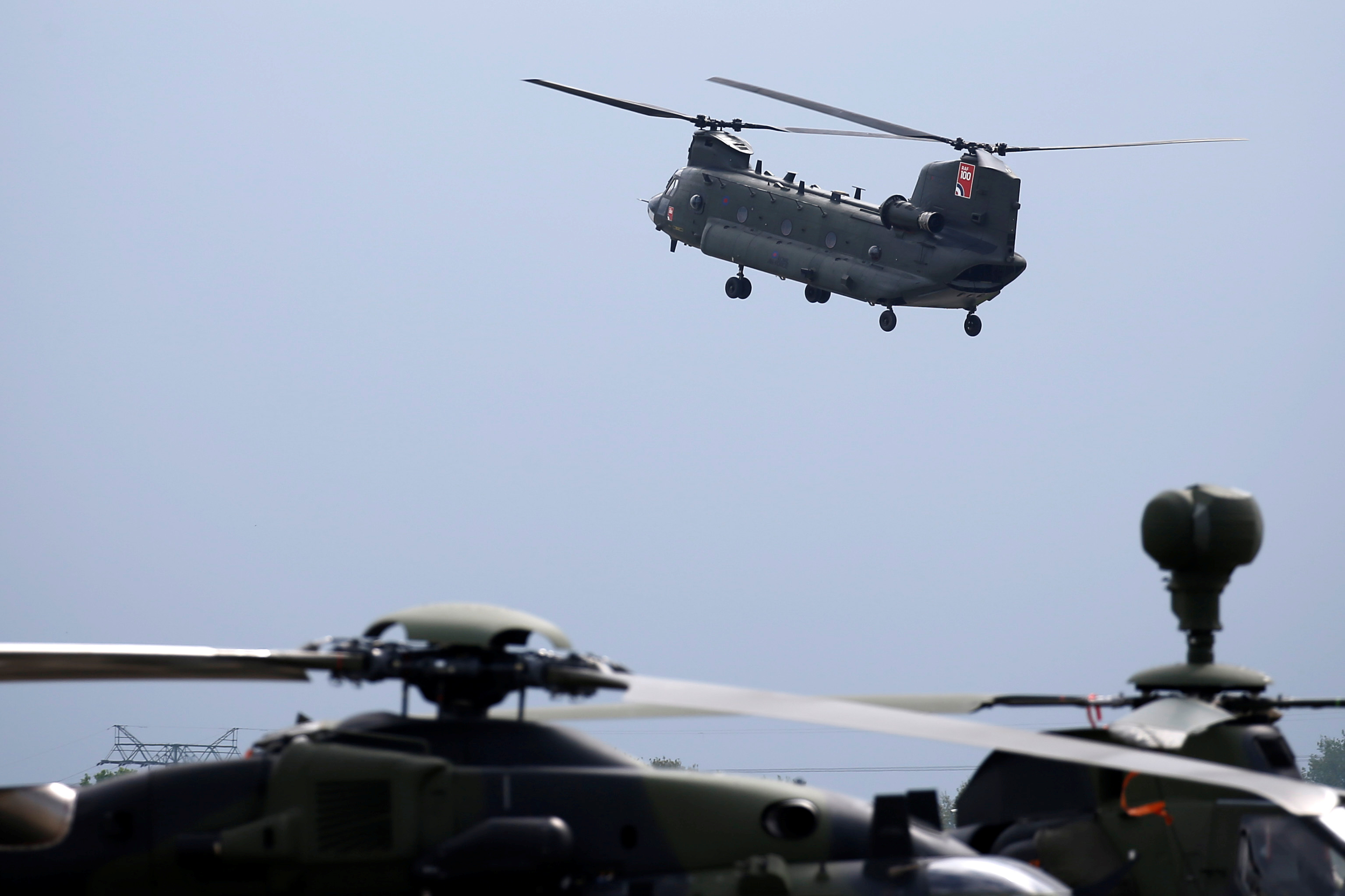A Boeing CH-47 Chinook helicopter is seen at the ILA Air Show in Berlin