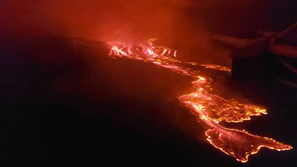 An aerial view shows lava flowing from the volcanic eruption of Mount Nyiragongo near Goma