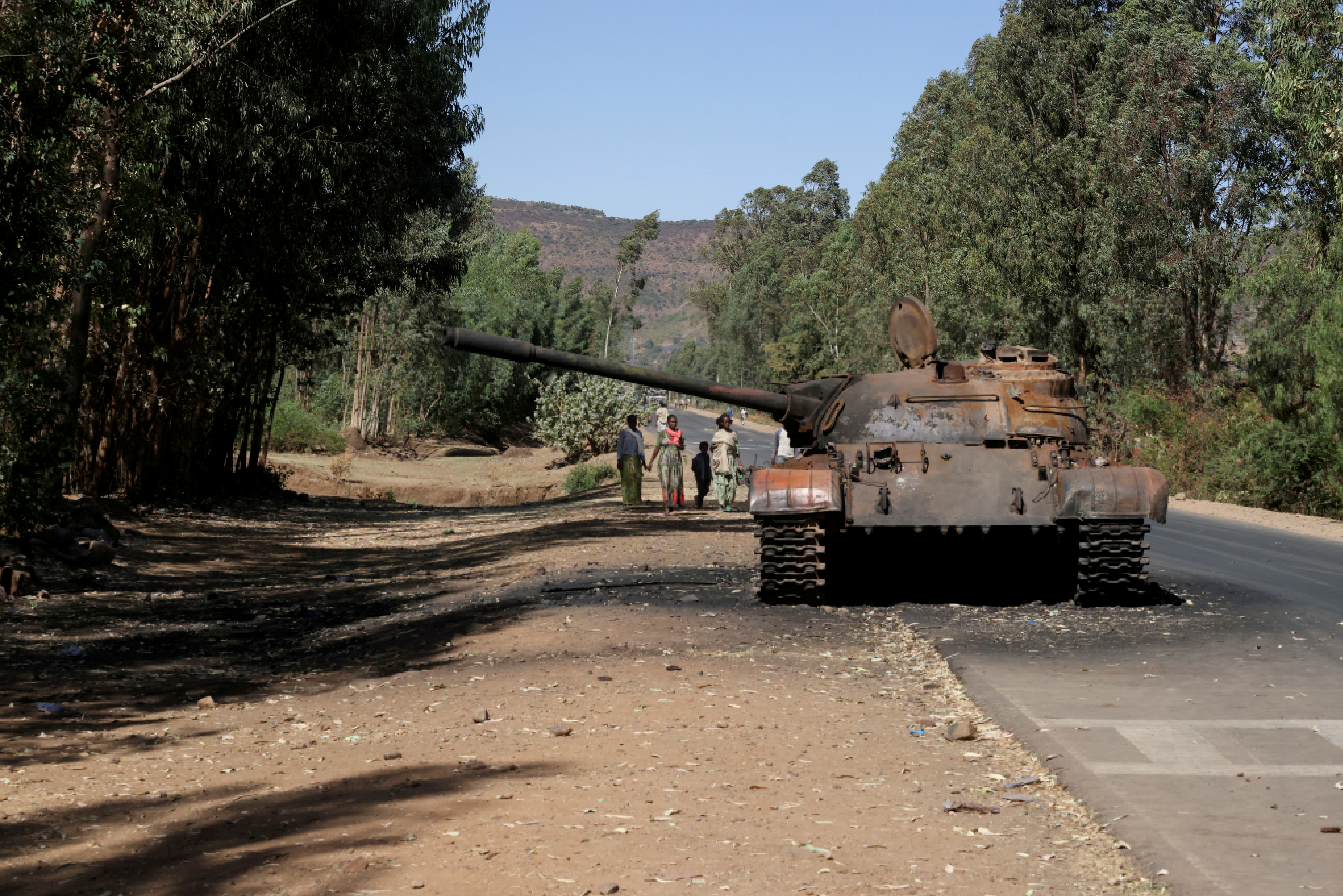 A burned tank stands near the town of Adwa, Tigray region, Ethiopia.