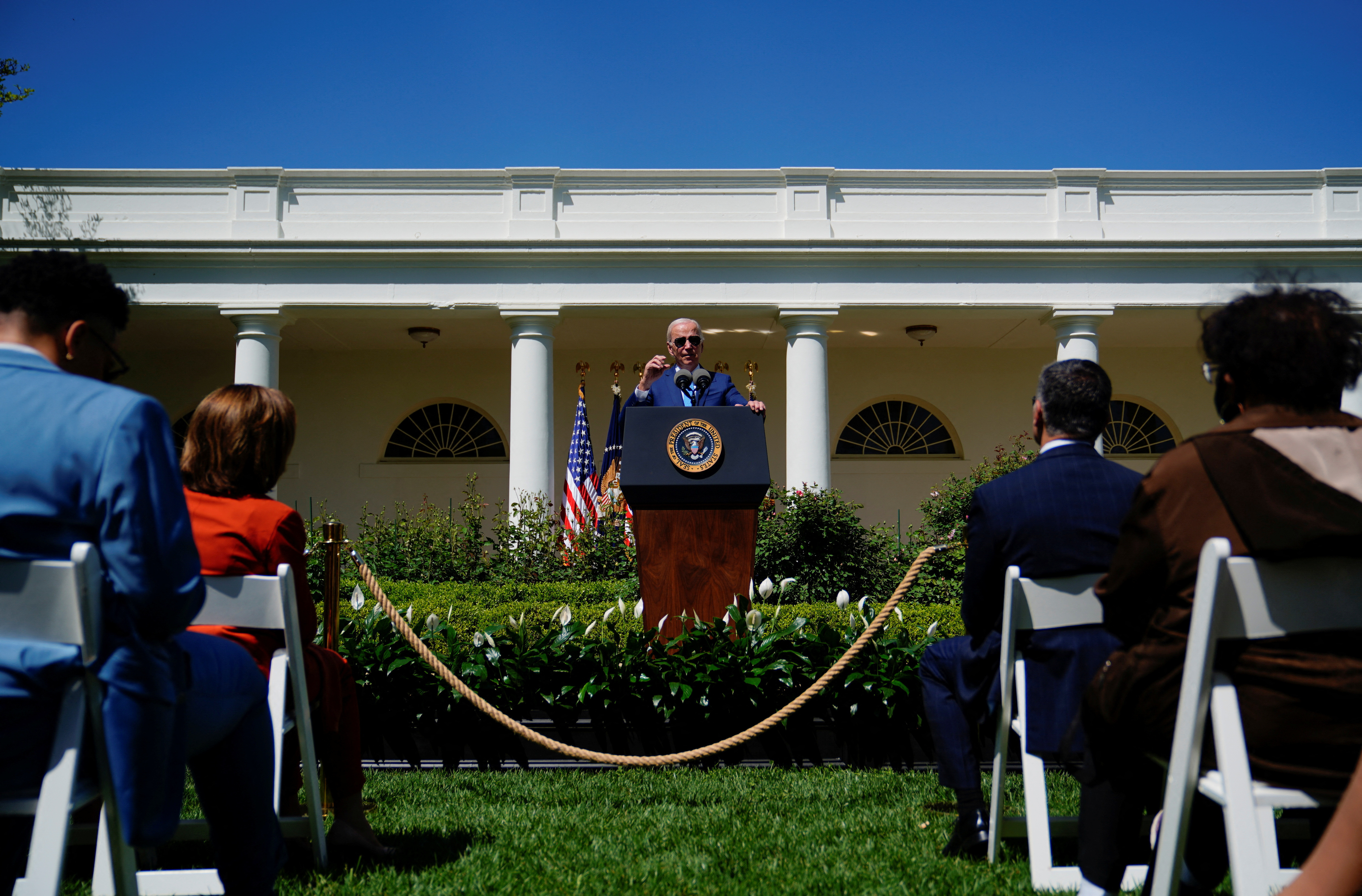 U.S. President Joe Biden signs executive order on child care and eldercare during Rose Garden event at the White House in Washington