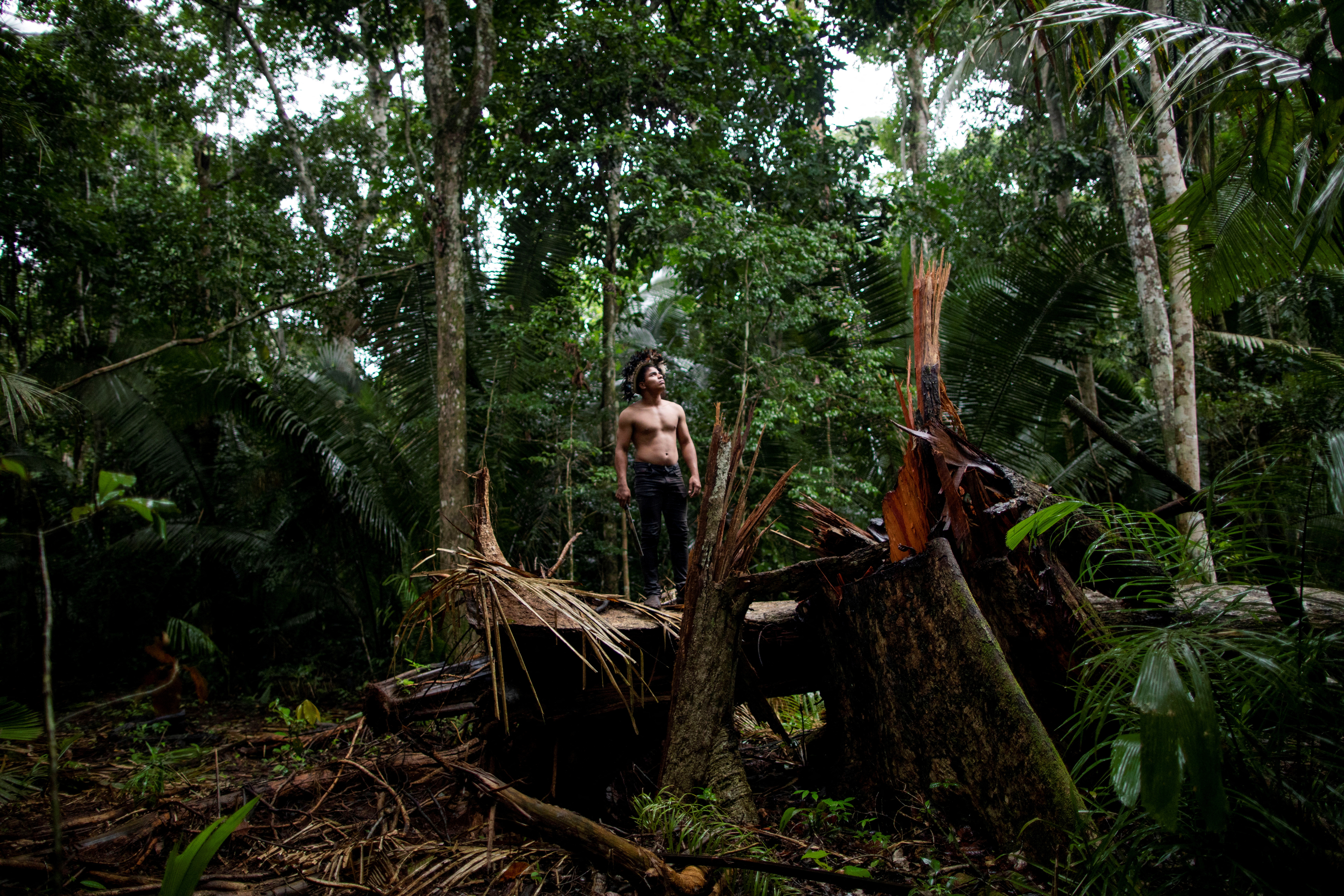 An indigenous man called Tebu, of Uru-eu-wau-wau tribe, looks on in an area deforested by invaders in the village of Alto Jaru, at the Uru-eu-wau-wau Indigenous Reservation near Campo Novo de Rondonia