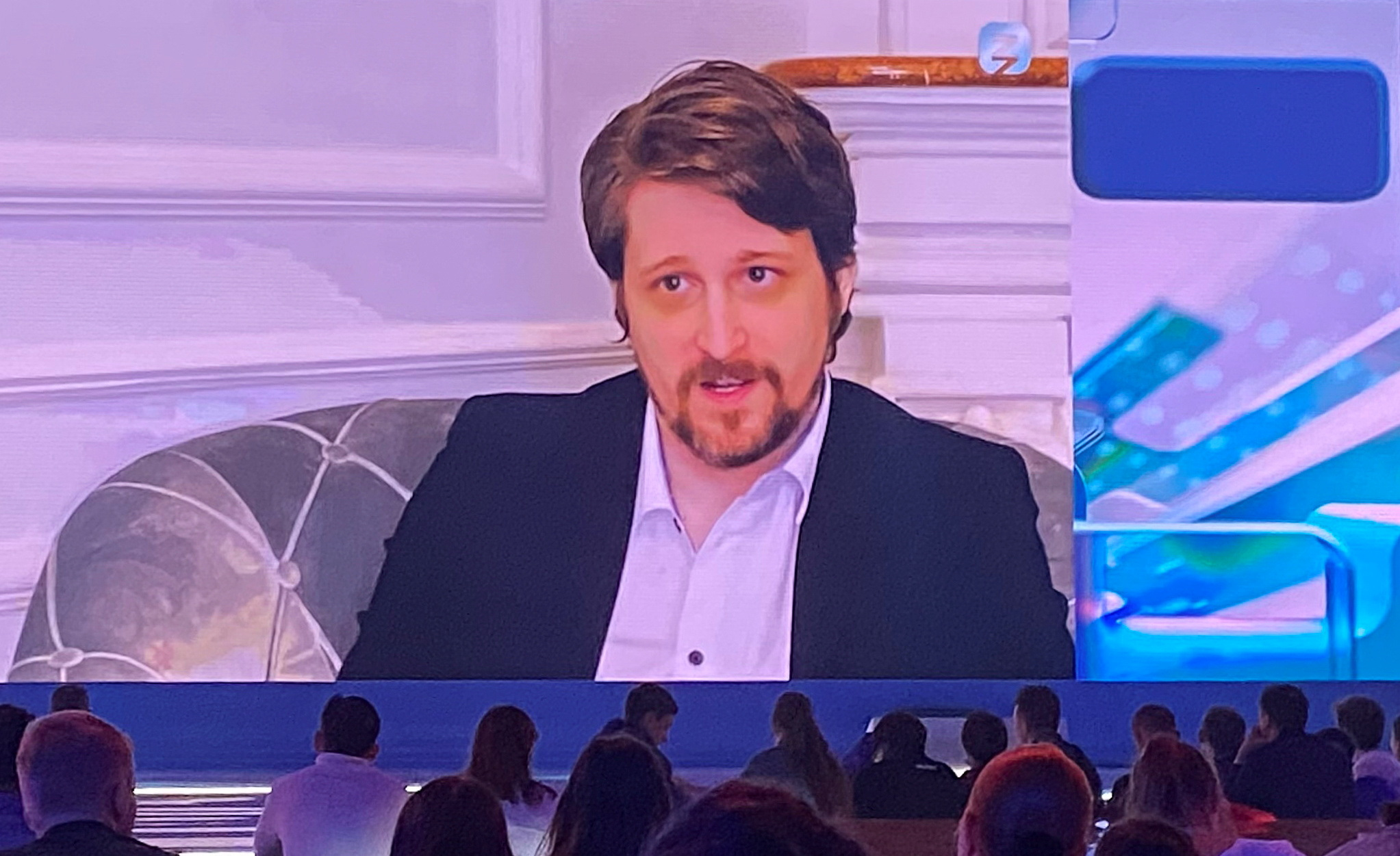 Former contractor of U.S.  National Security Agency Snowden speaks via video link at the New Knowledge educational online forum in Moscow