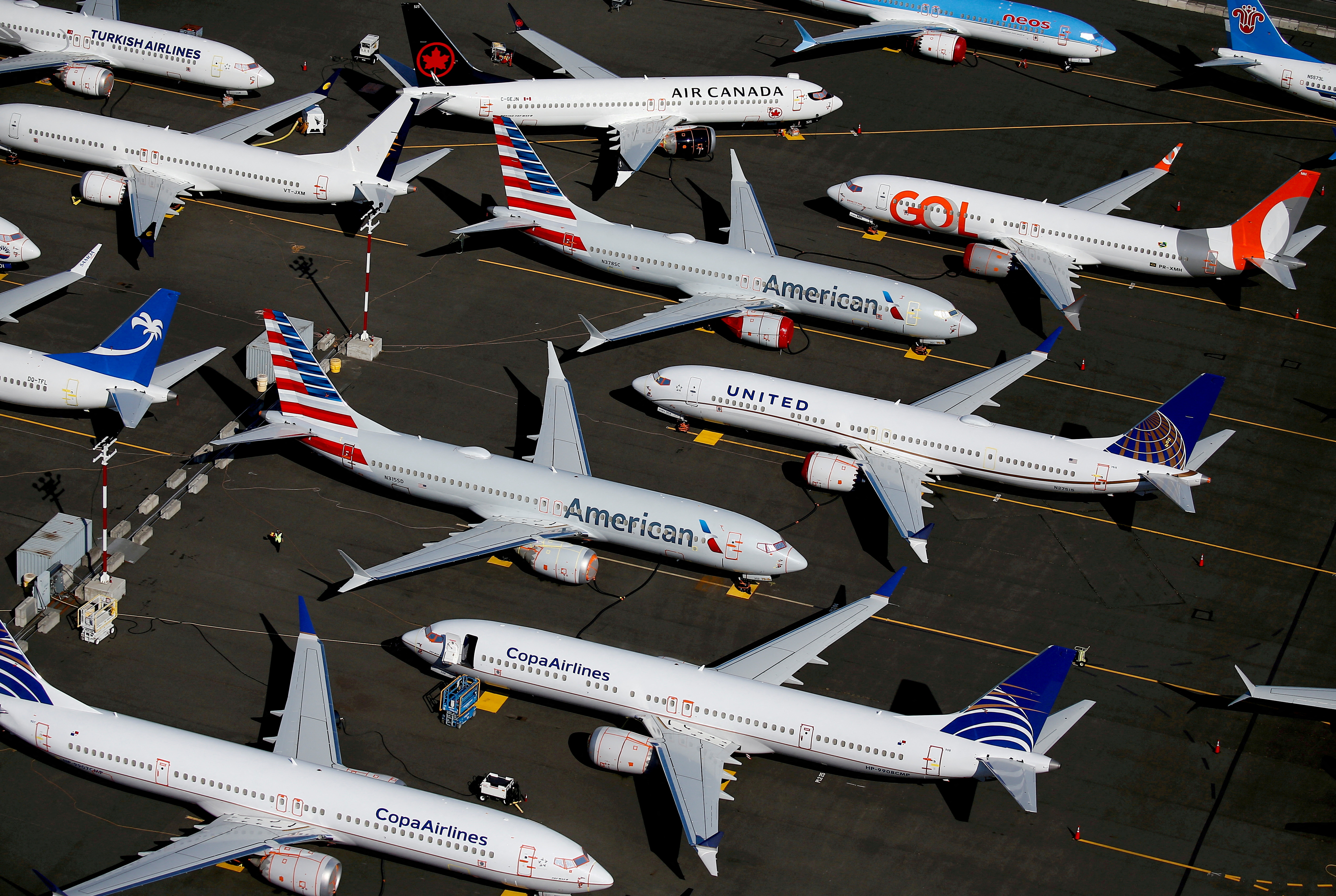 Grounded Boeing 737 MAX aircraft are seen parked at Boeing Field in Seattle