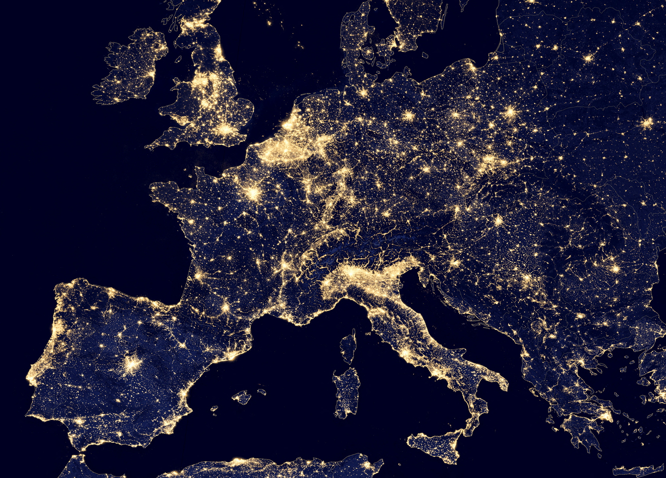 A nighttime view of Europe using the Visible Infrared Imaging Radiometer Suite in seen in a NASA handout