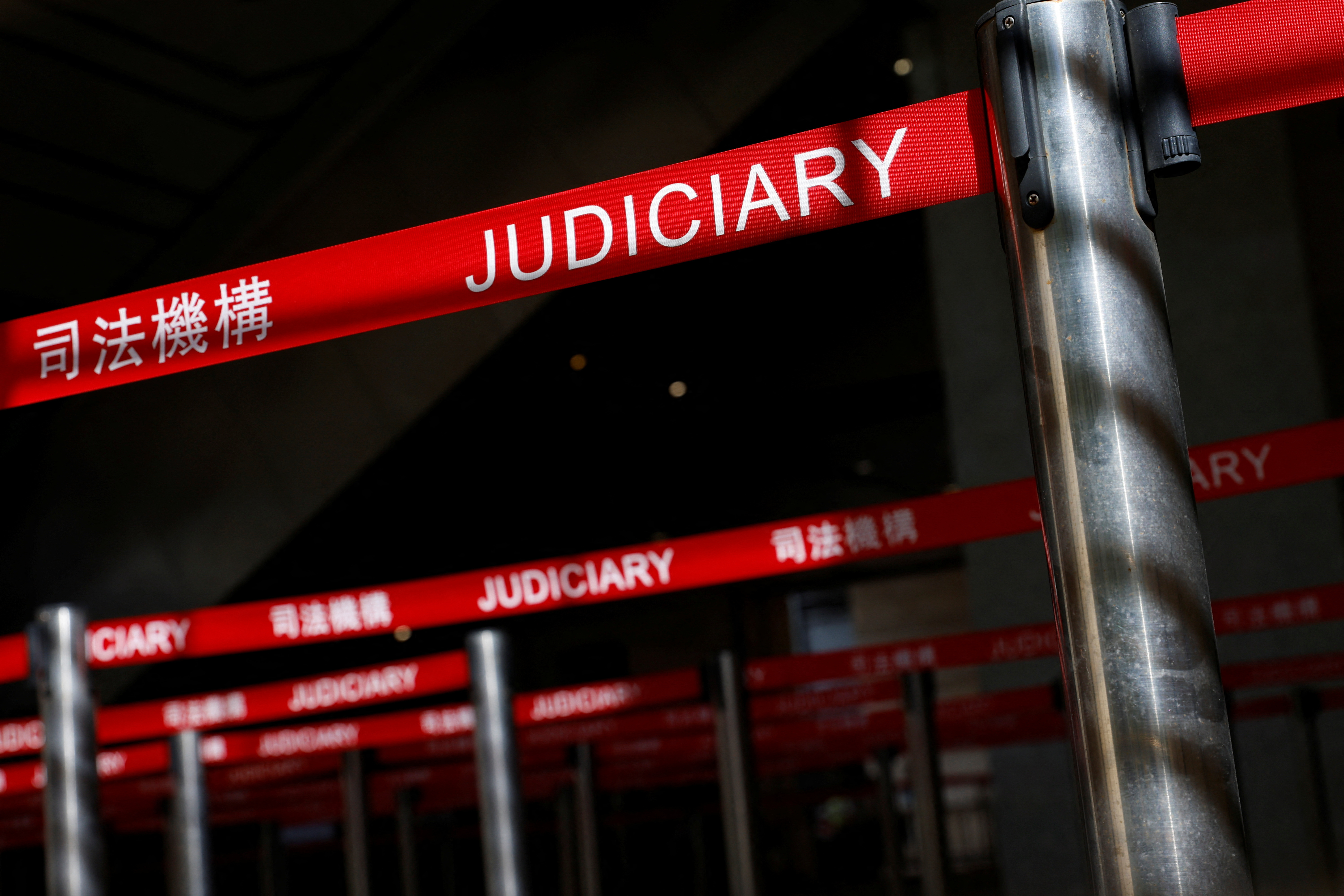 A view shows queue tapes at West Kowloon Magistrates’ Courts