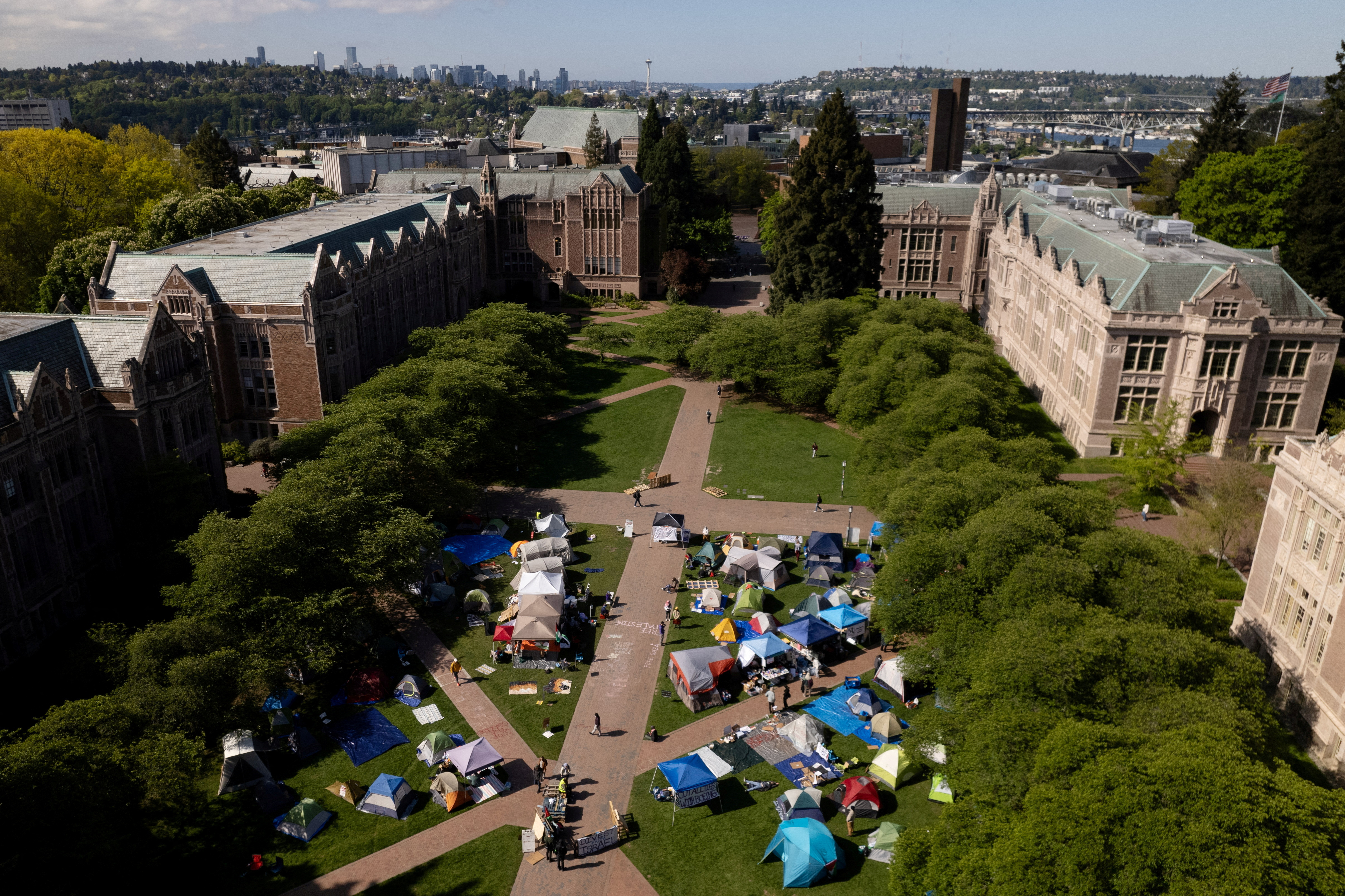 A drone view shows demonstrators at a protest encampment in support of Palestinians, at the University of Washington in Seattle