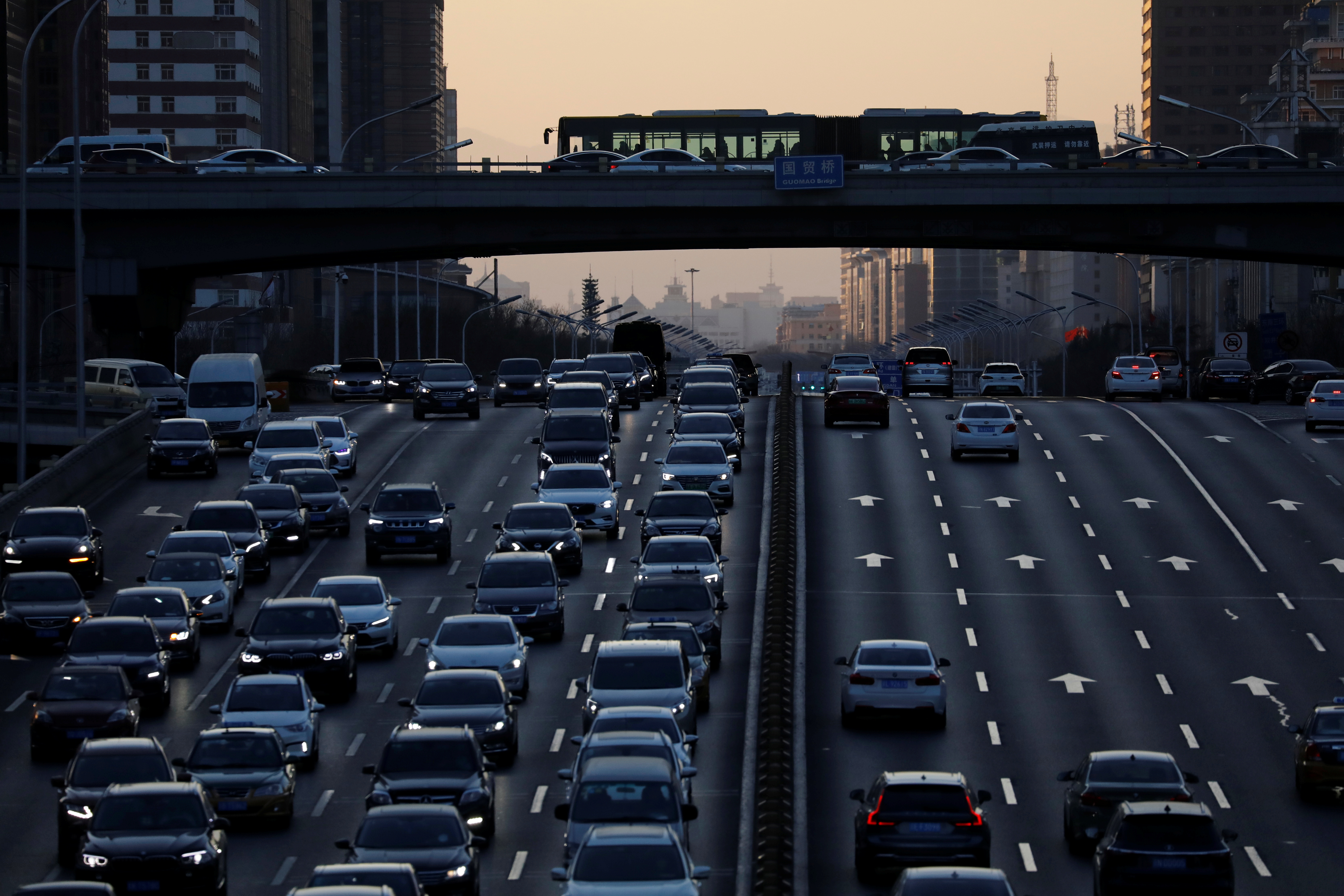 General view shows the traffic during the evening rush hour in Beijing