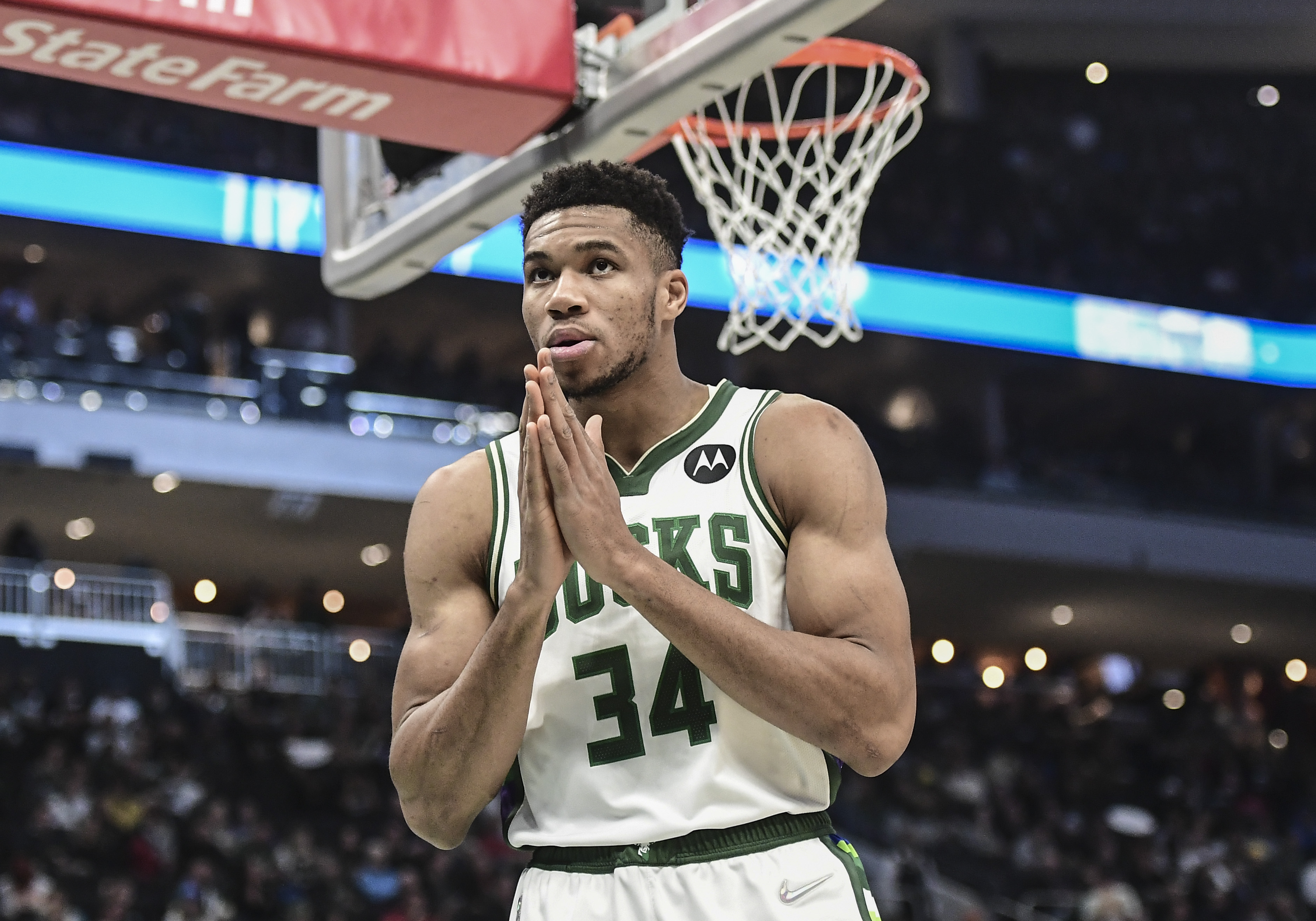 Dec 1, 2021; Milwaukee, Wisconsin, USA;  Milwaukee Bucks forward Giannis Antetokounmpo (34) gets ready before the game against the Charlotte Hornets at Fiserv Forum. Mandatory Credit: Benny Sieu-USA TODAY Sports