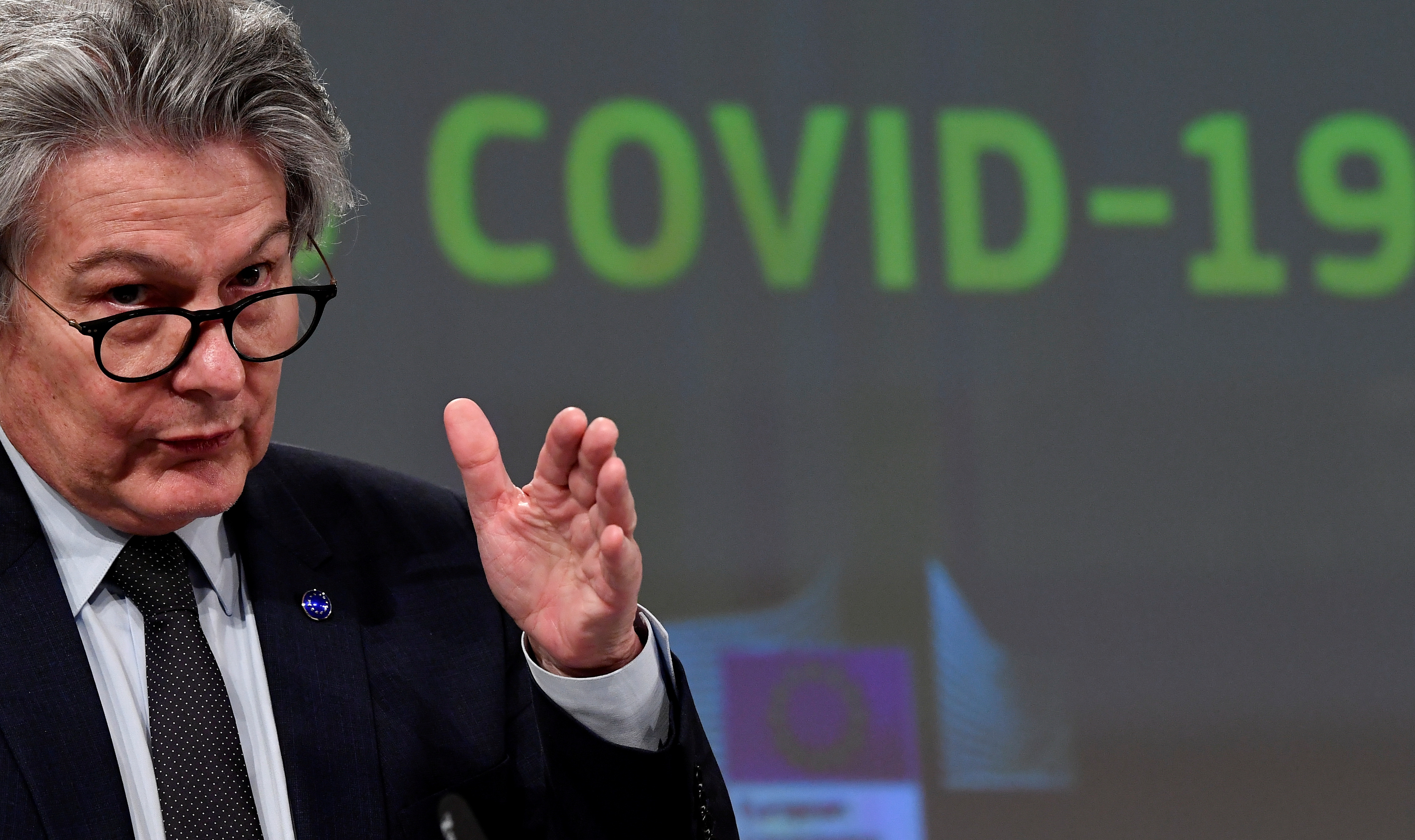 Thierry Breton, the EU commissioner for internal market and consumer protection, industry, research and energy, addresses a news conference in Brussels