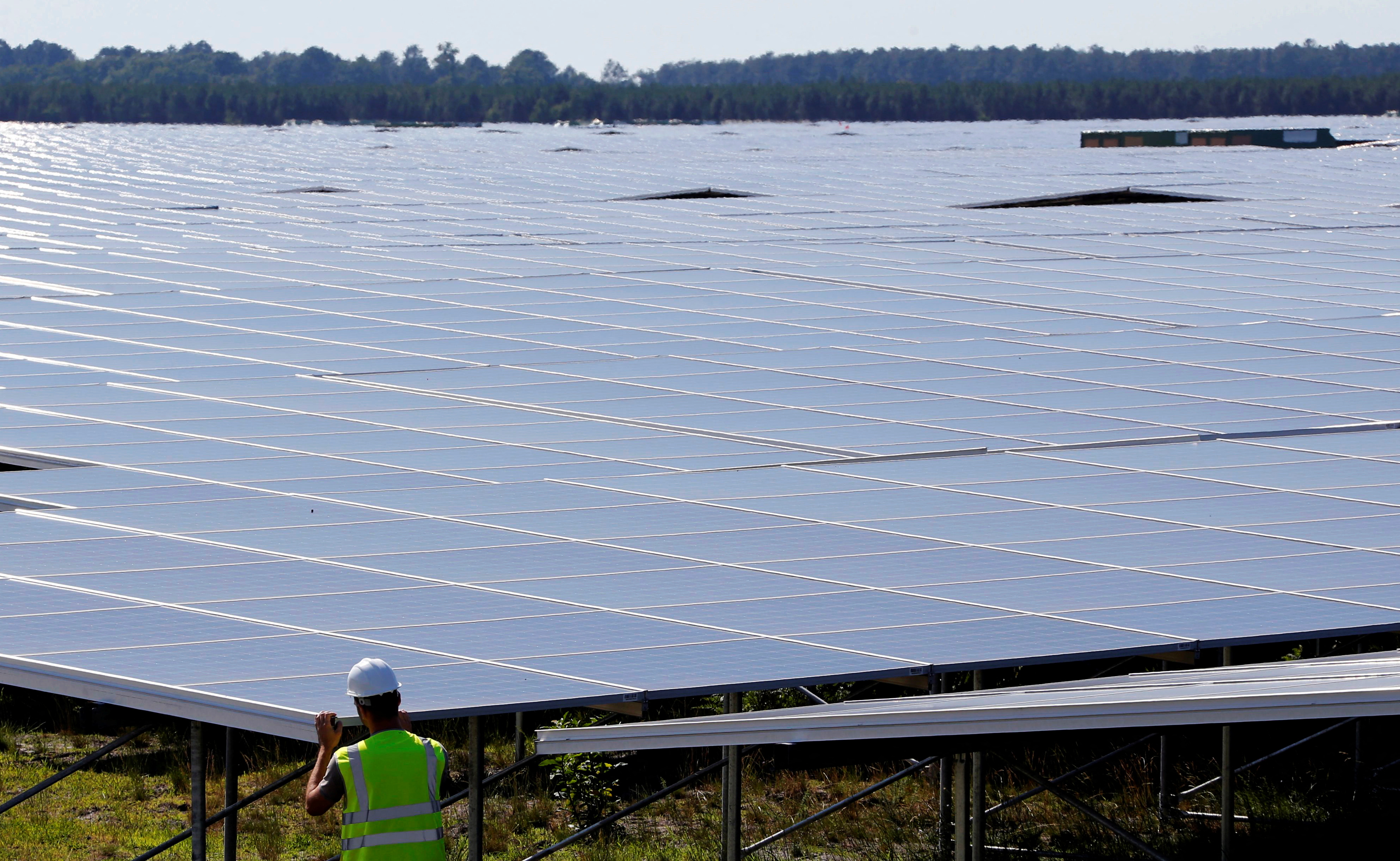 A general view shows solar panels used to produce renewable energy at the photovoltaic park in Cestas