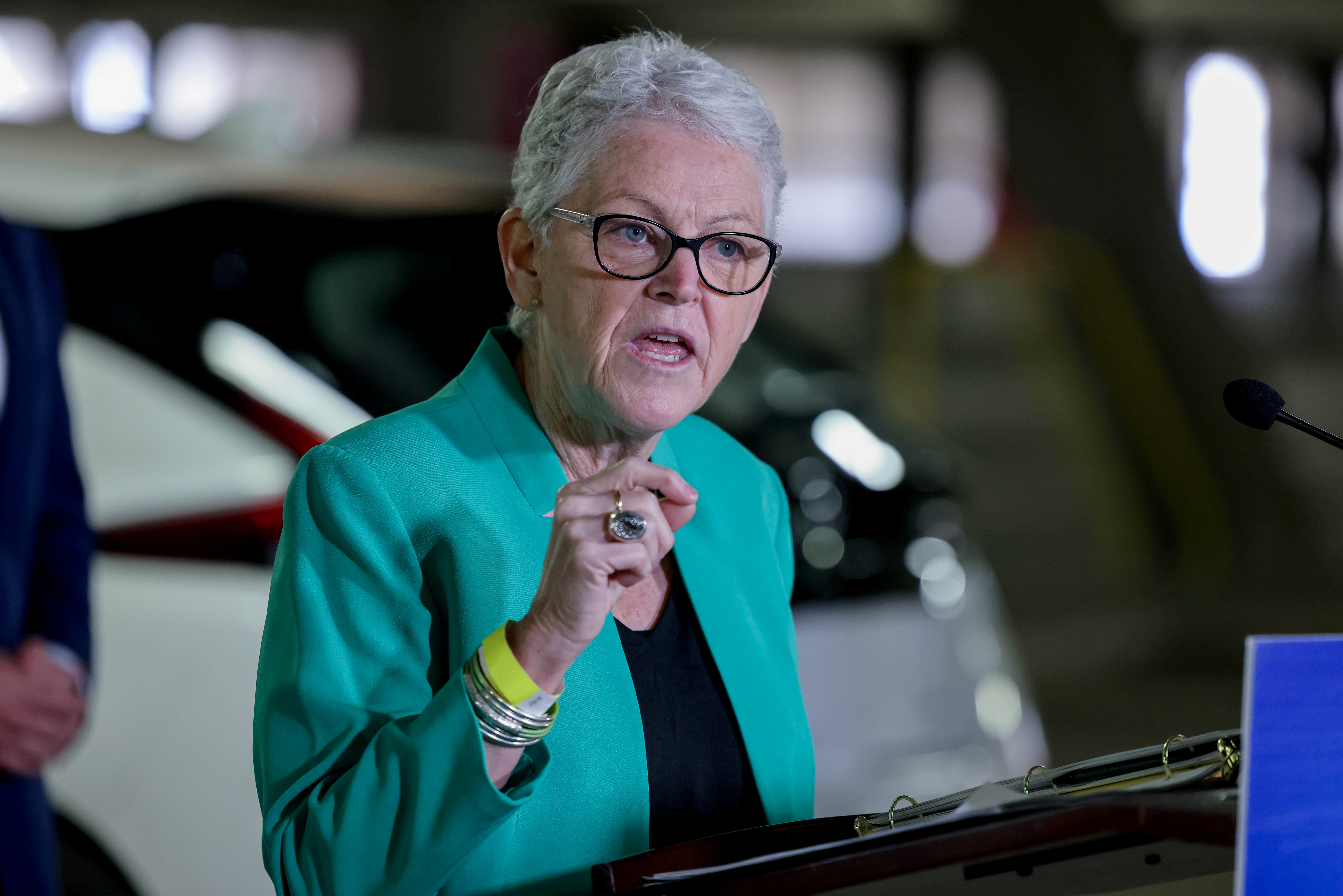 White House Climate Advisor Gina McCarthy holds a news conference in the parking garage at Union Station in front of new EV charging stations in Washington, U.S., April 22, 2021. REUTERS/Evelyn Hockstein//File Photo