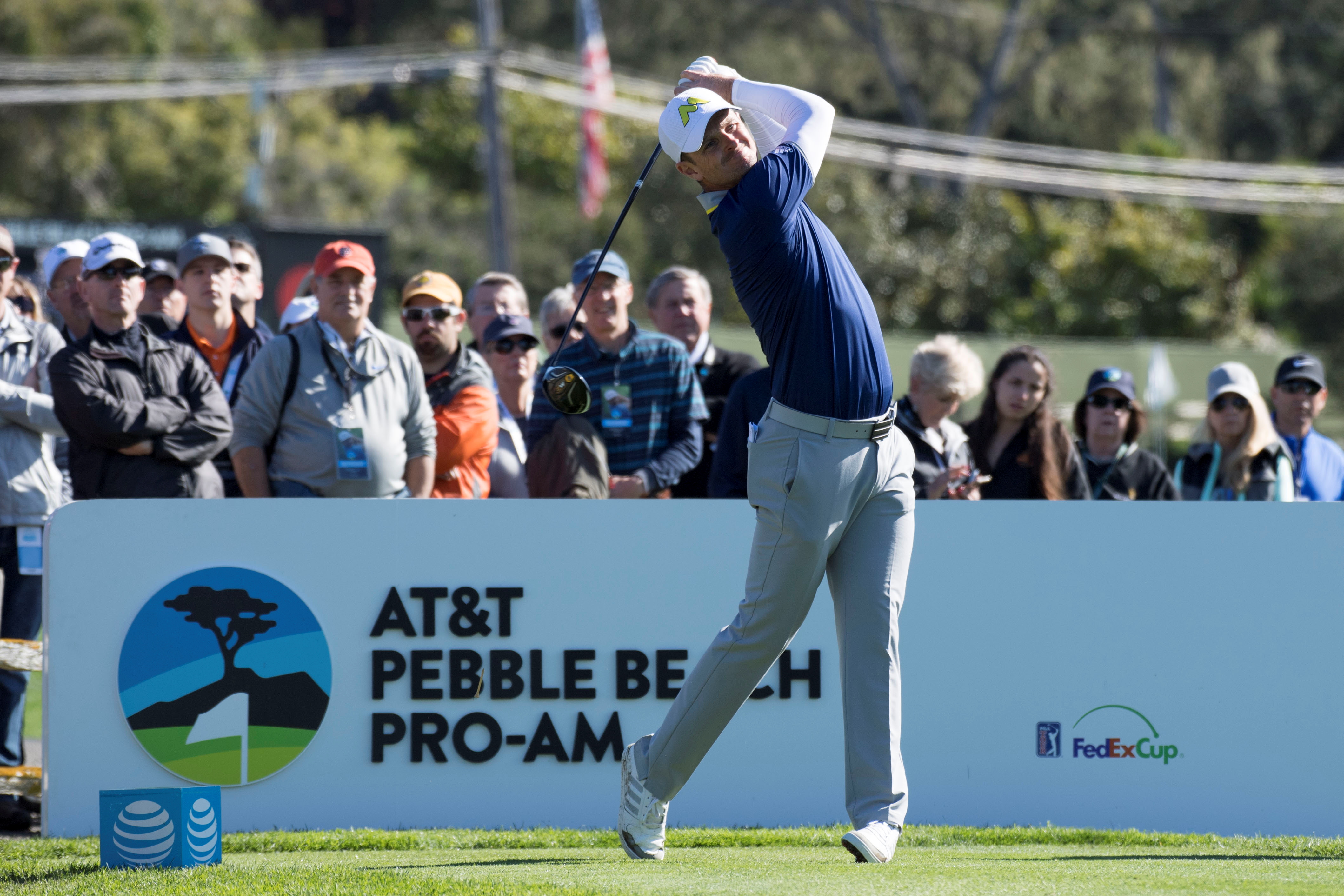 February 11, 2017; Pebble Beach, CA, USA; Justin Rose hits his tee shot on the third hole during the third round of the AT&T Pebble Beach Pro-Am golf tournament at Pebble Beach Golf Links. Mandatory Credit: Kyle Terada-USA TODAY Sports/File Photo