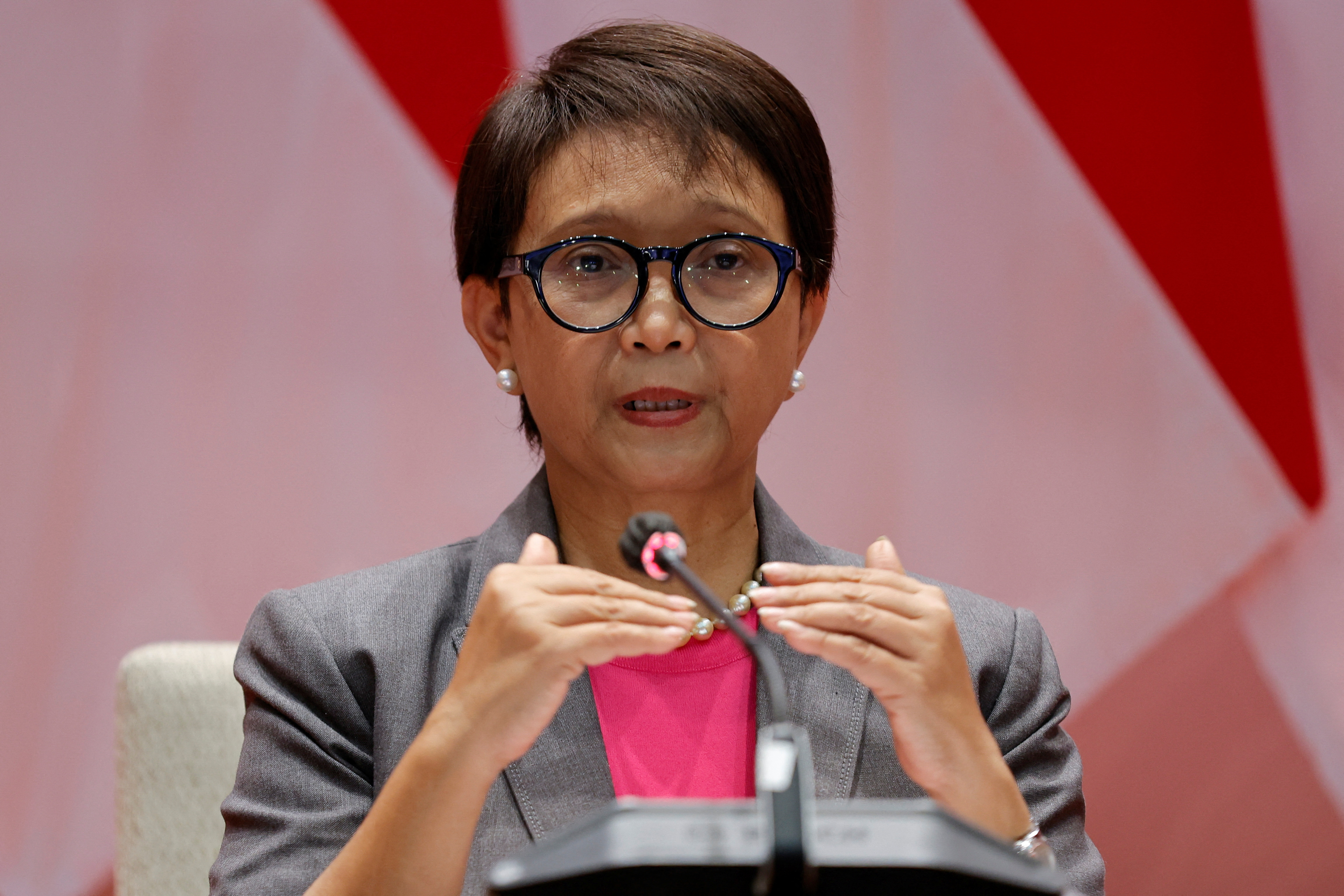 Indonesian Foreign Minister Retno Marsudi delivers her speech during a news conference in Jakarta