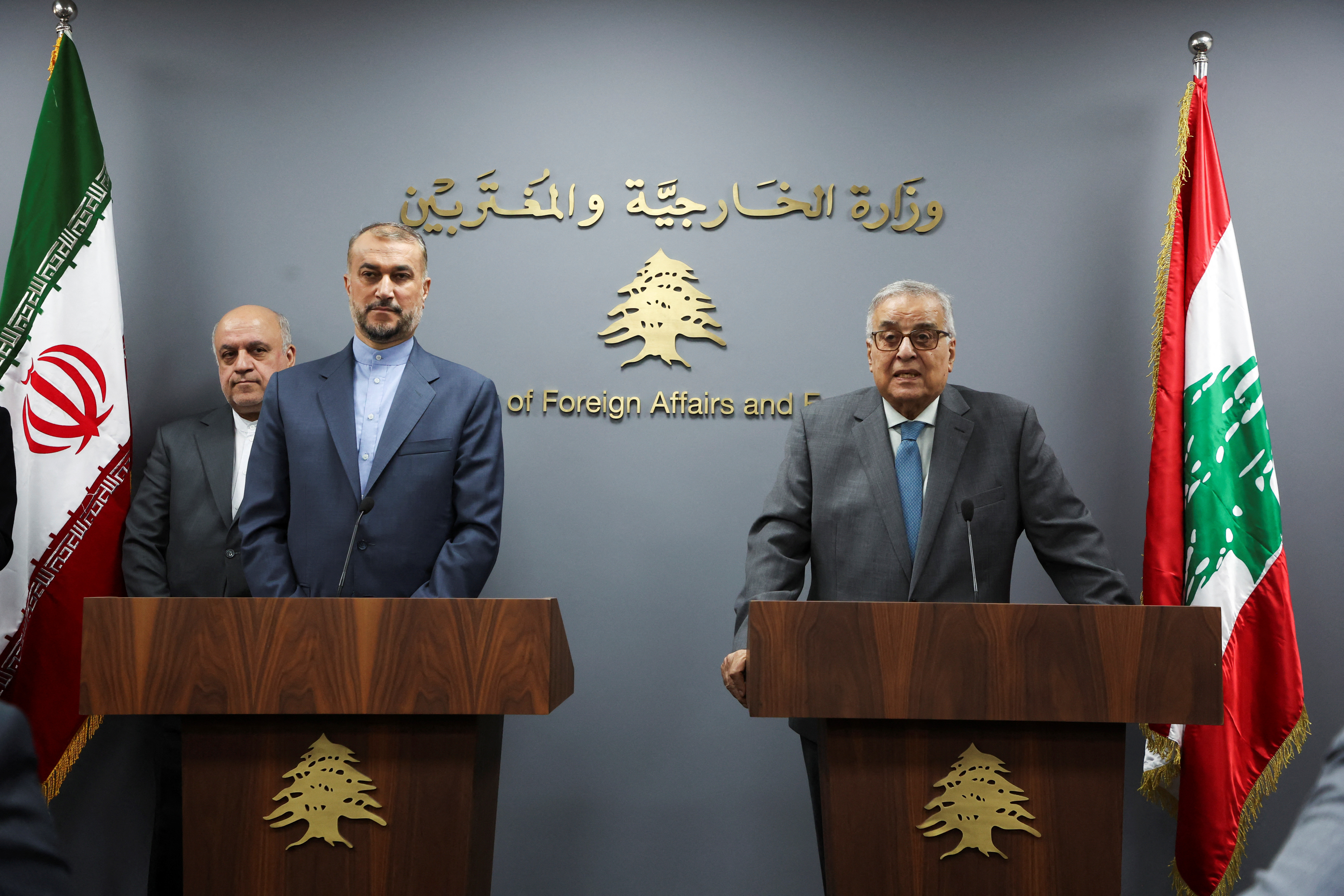 Lebanon's caretaker Foreign Minister Abdallah Bou Habib and Iranian Foreign Minister Hossein Amirabdollahian attend a joint press conference in Beirut