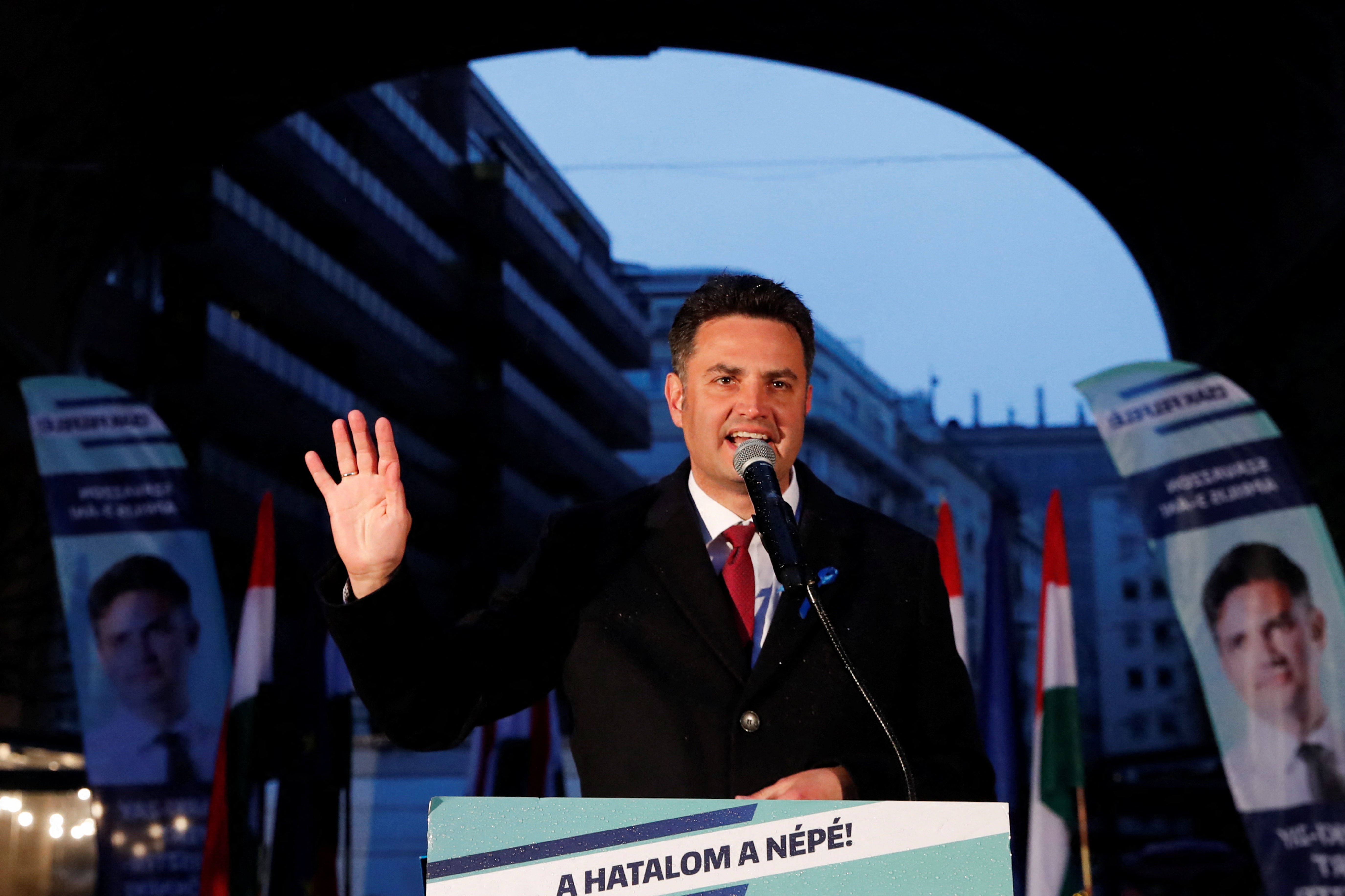 Hungarian opposition candidate for Prime Minister Peter Marki-Zay holds final pre-election rally in Budapest