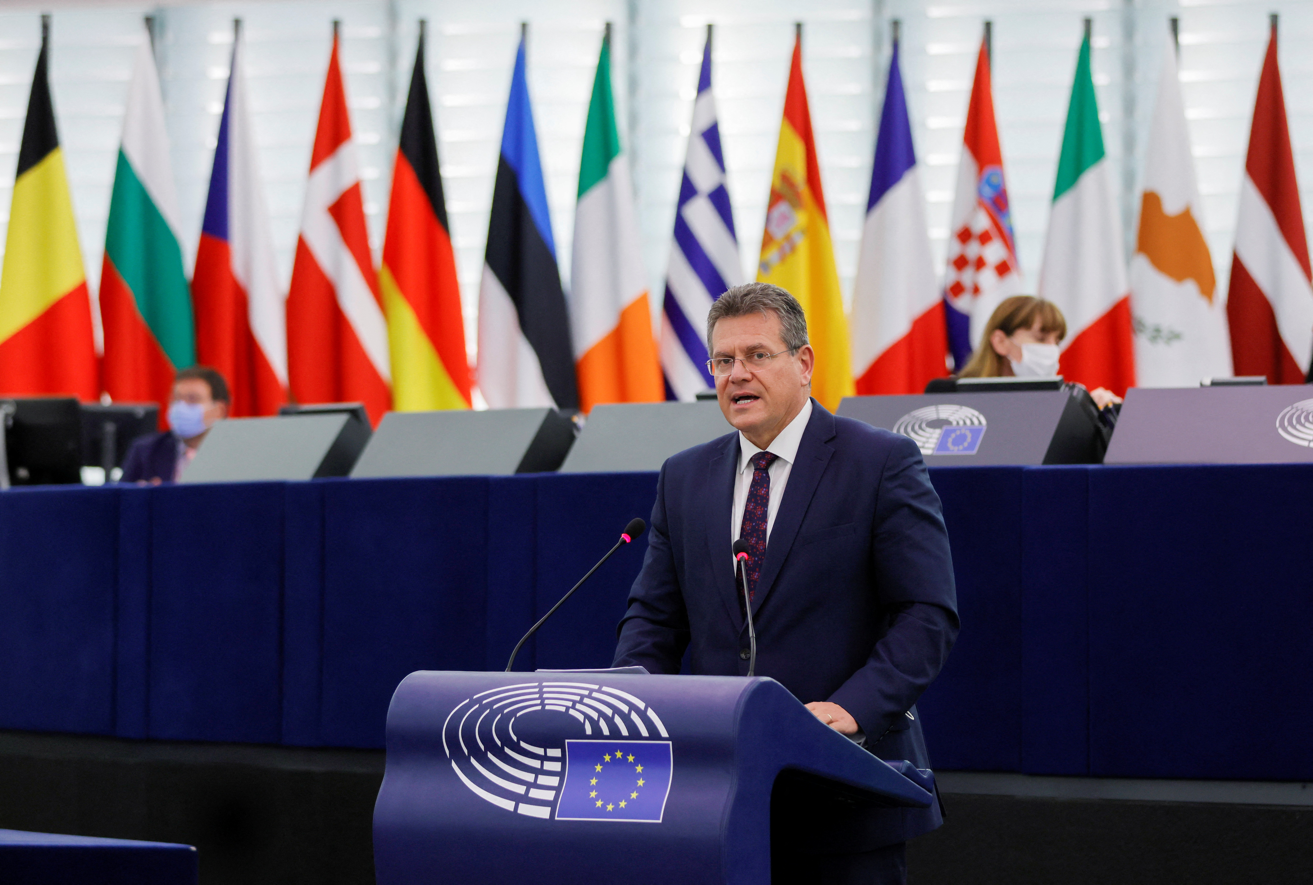 European Union Commission Vice President Maros Sefcovic delivers a speech on Poland's challenge to the supremacy of EU laws at the European Parliament, in Strasbourg