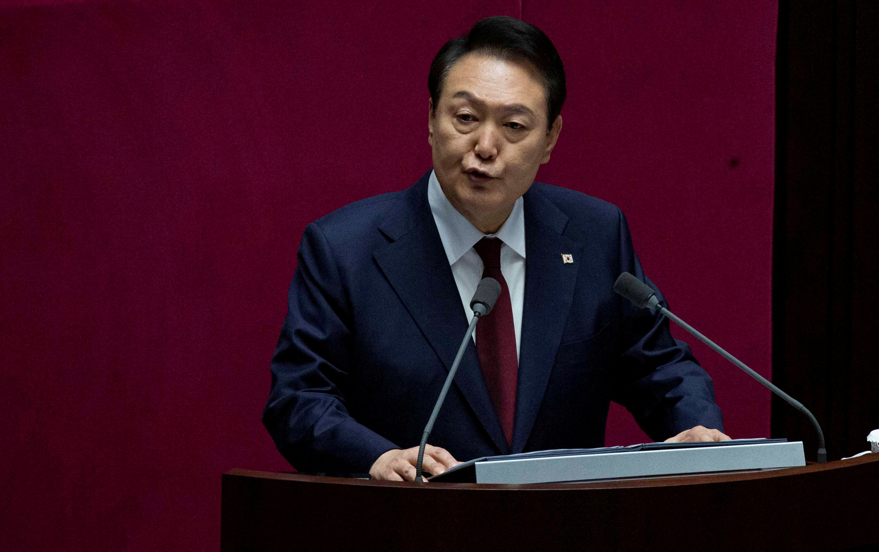 South Korea's President Yoon Suk-yeol gives a budget speech at the National Assembly in Seoul