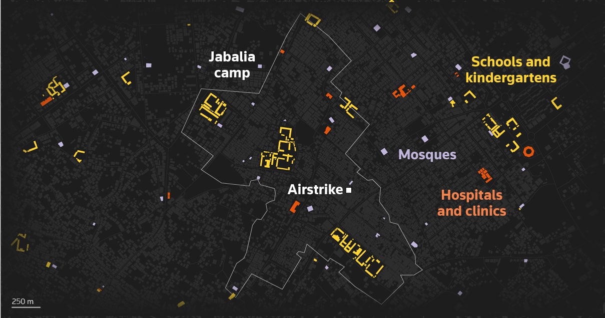 Map of Jabalia camp highlighting the airstrike location and some of the healthcare, education and religious buildings in and around the camp.