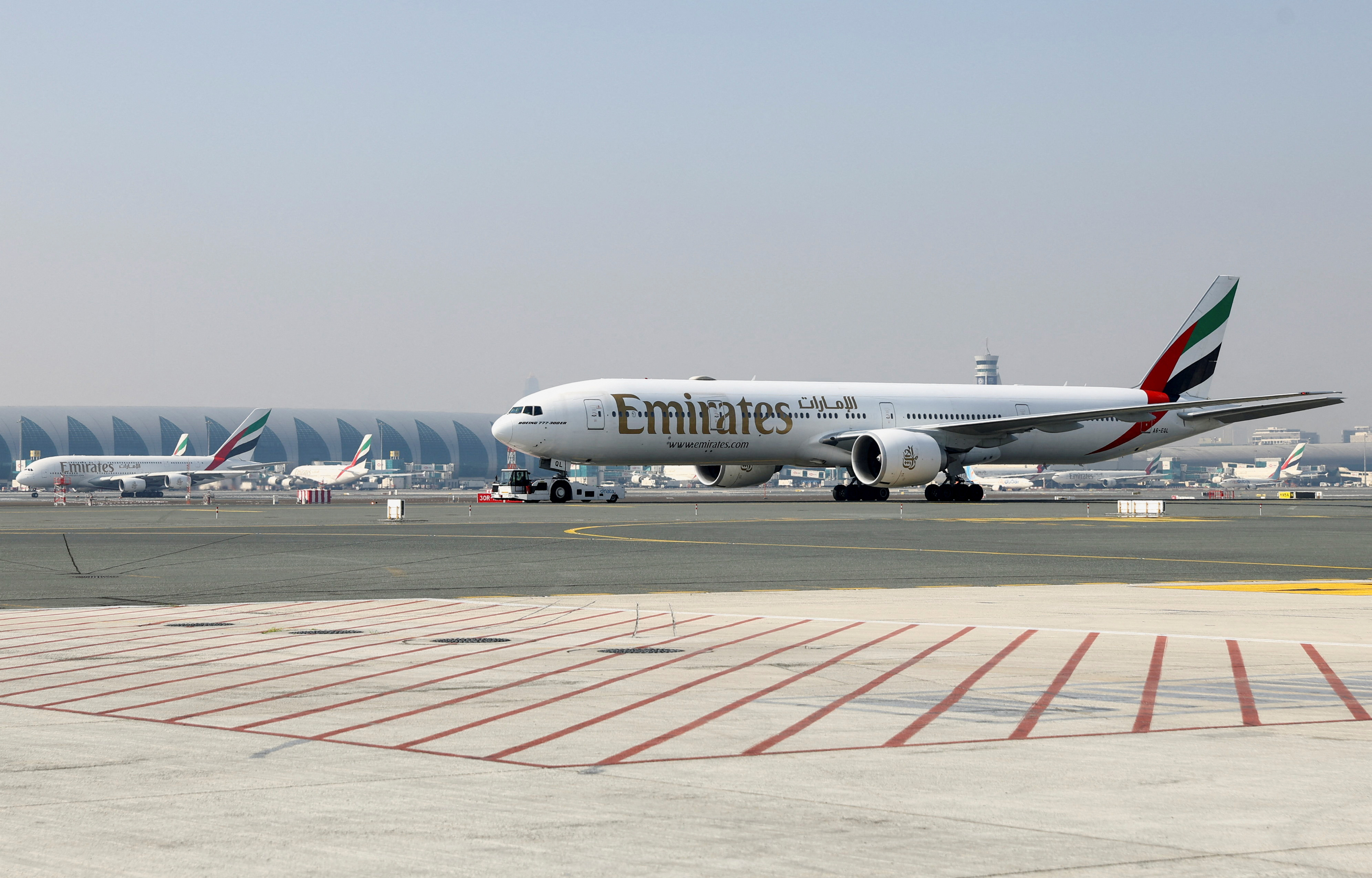 Emirates airline planes are pictured at Dubai airport, in Dubai, United Arab Emirates