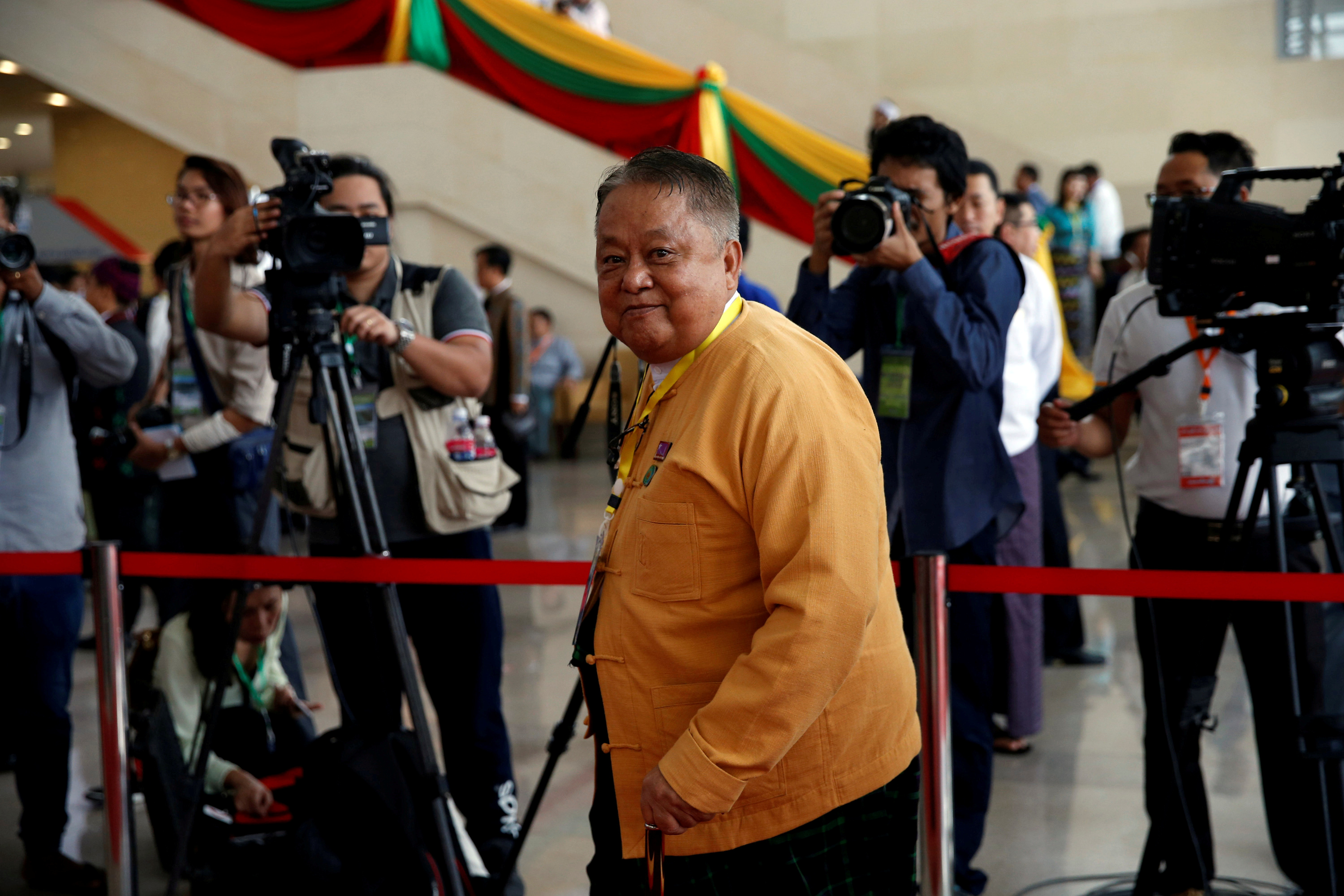 Win Htein, one of the leaders of National League for Democracy party, arrives to attend opening ceremony of 21st Century Panglong conference in Naypyitaw