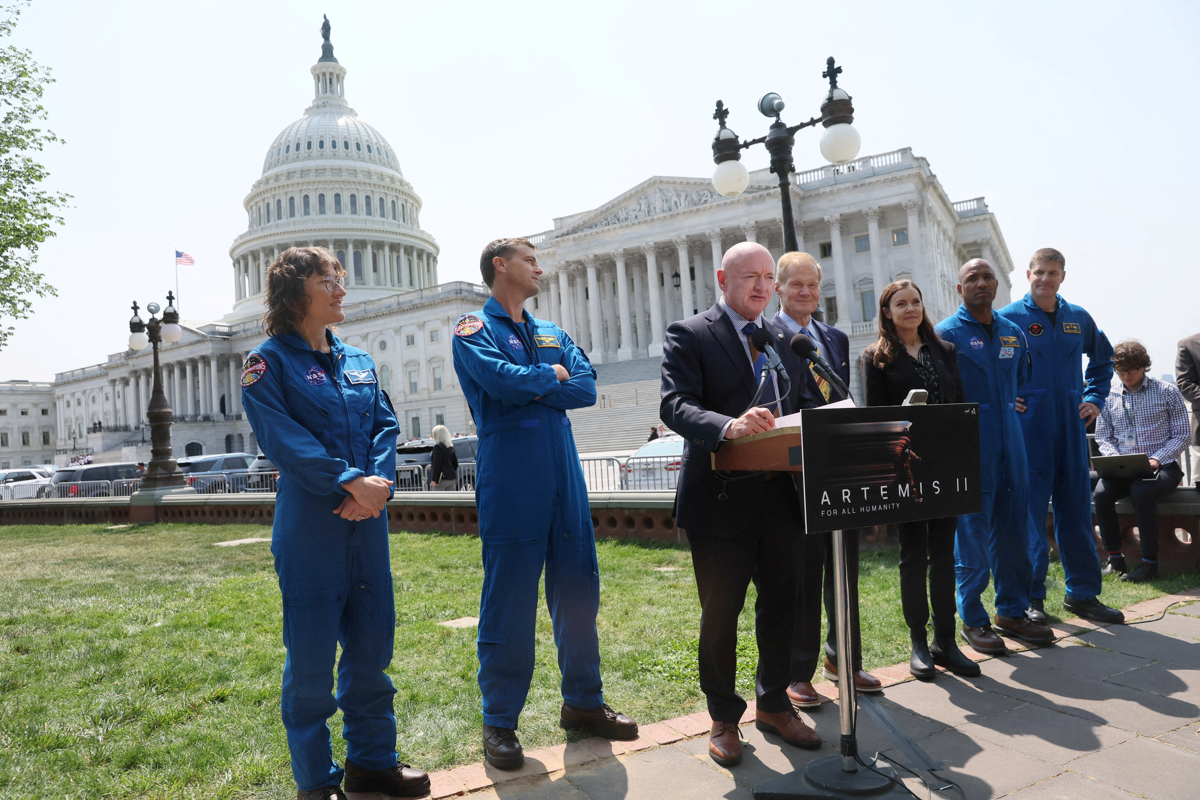 NASA Administrator Nelson, U.S. Senator Mark Kelly (D-AZ) hold a news conference with Artemis II moon mission crew members in Washington, U.S.