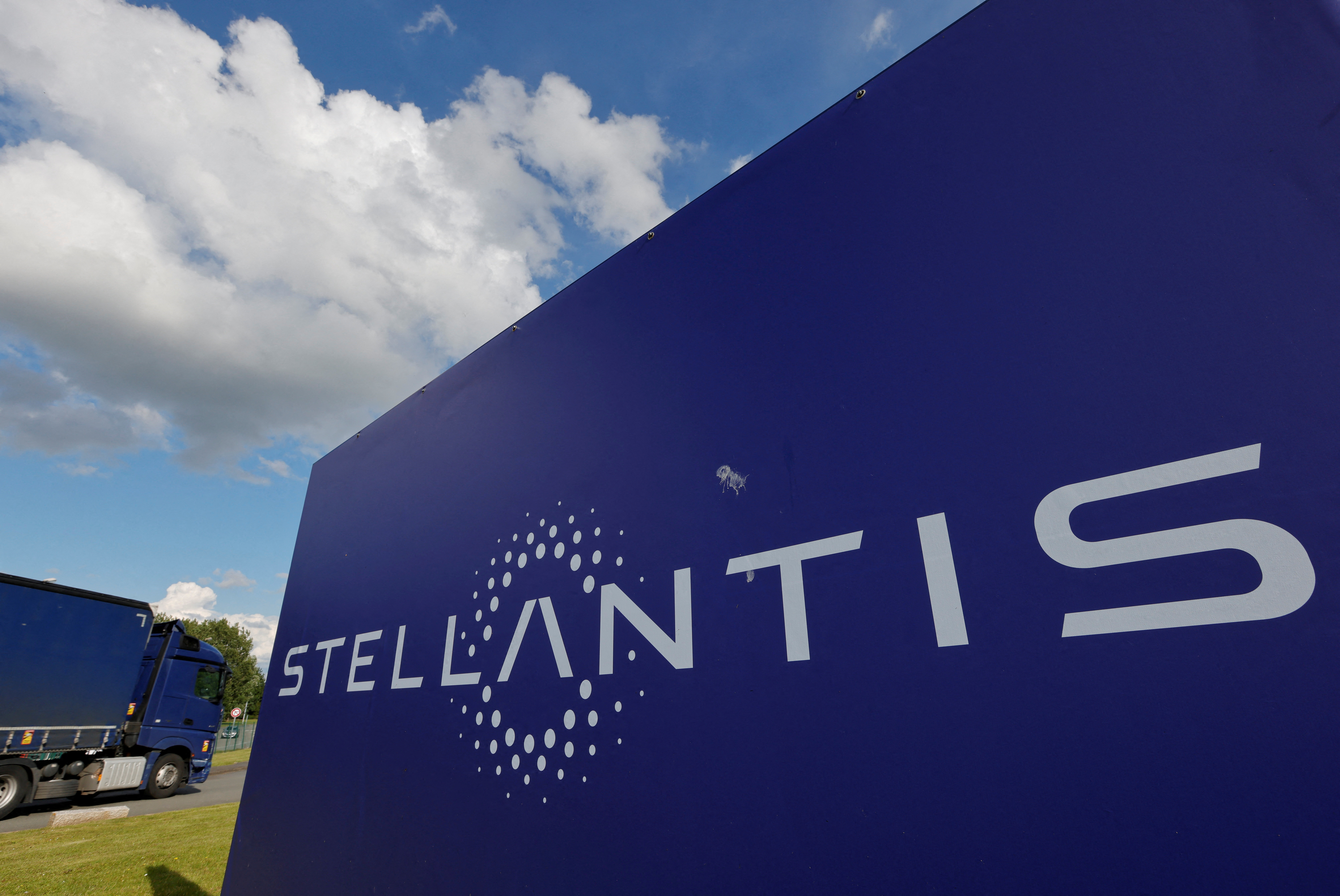 A Stellantis sign at the entrance of the carmaker's factory in Hordain, France