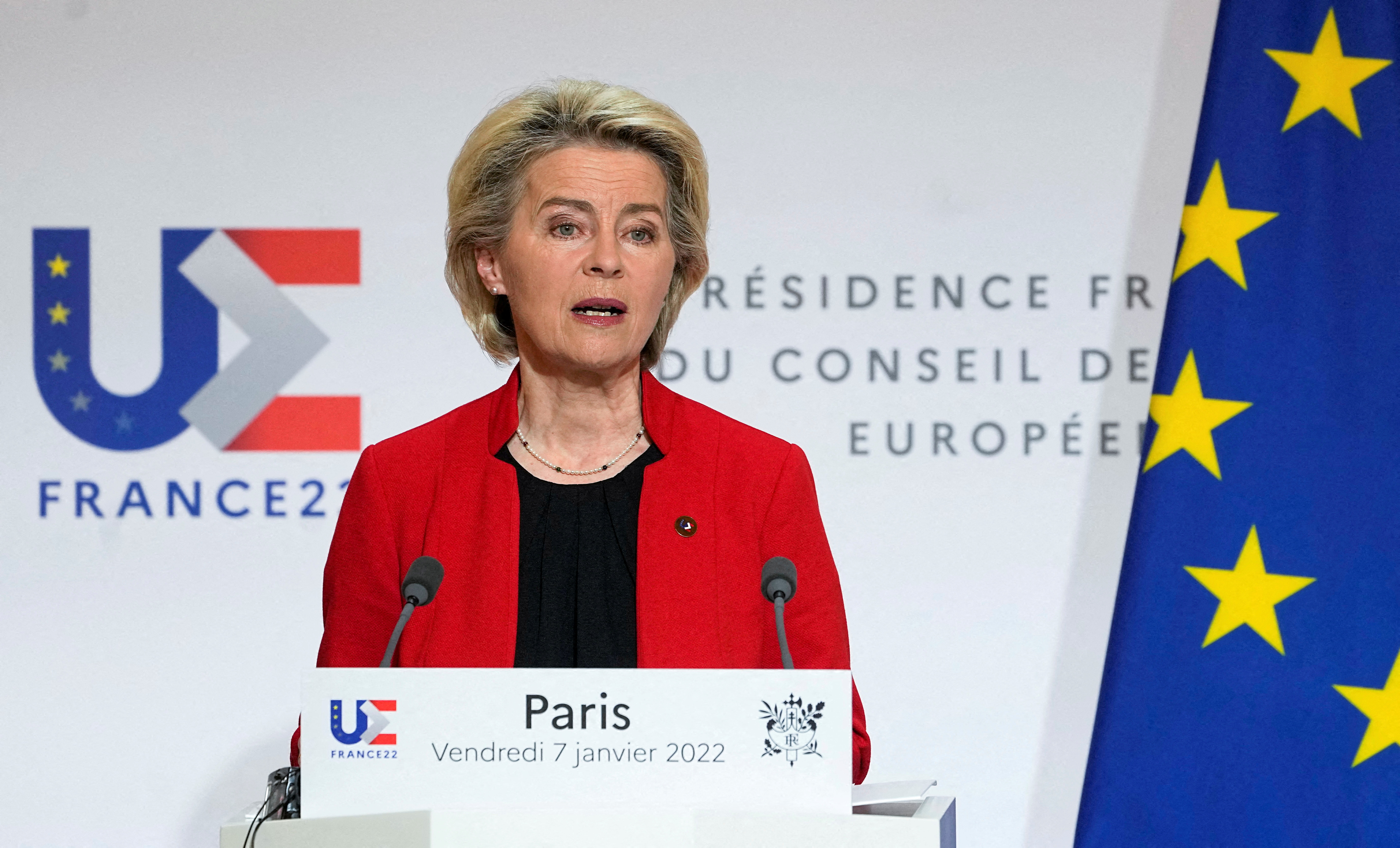European Commission President Ursula von der Leyen speaks after a meeting at the Elysee Palace in Paris, France, January 7, 2022. Michel Euler/Pool via REUTERS
