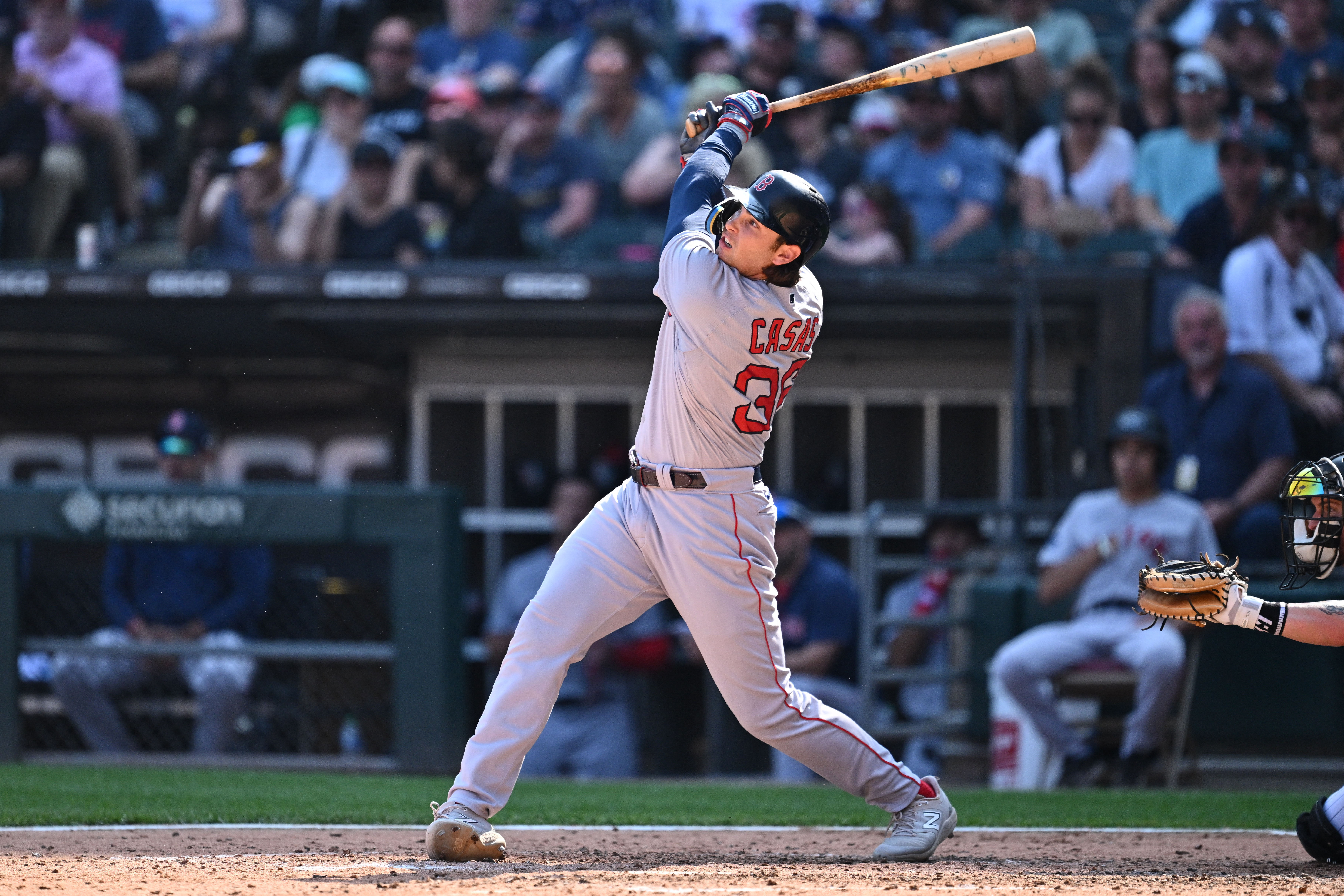 CHICAGO, IL - MAY 16: Chicago White Sox designated hitter Gavin Sheets (32)  reacts after hitting a three run home run in the fifth inning during a  Major League Baseball game between