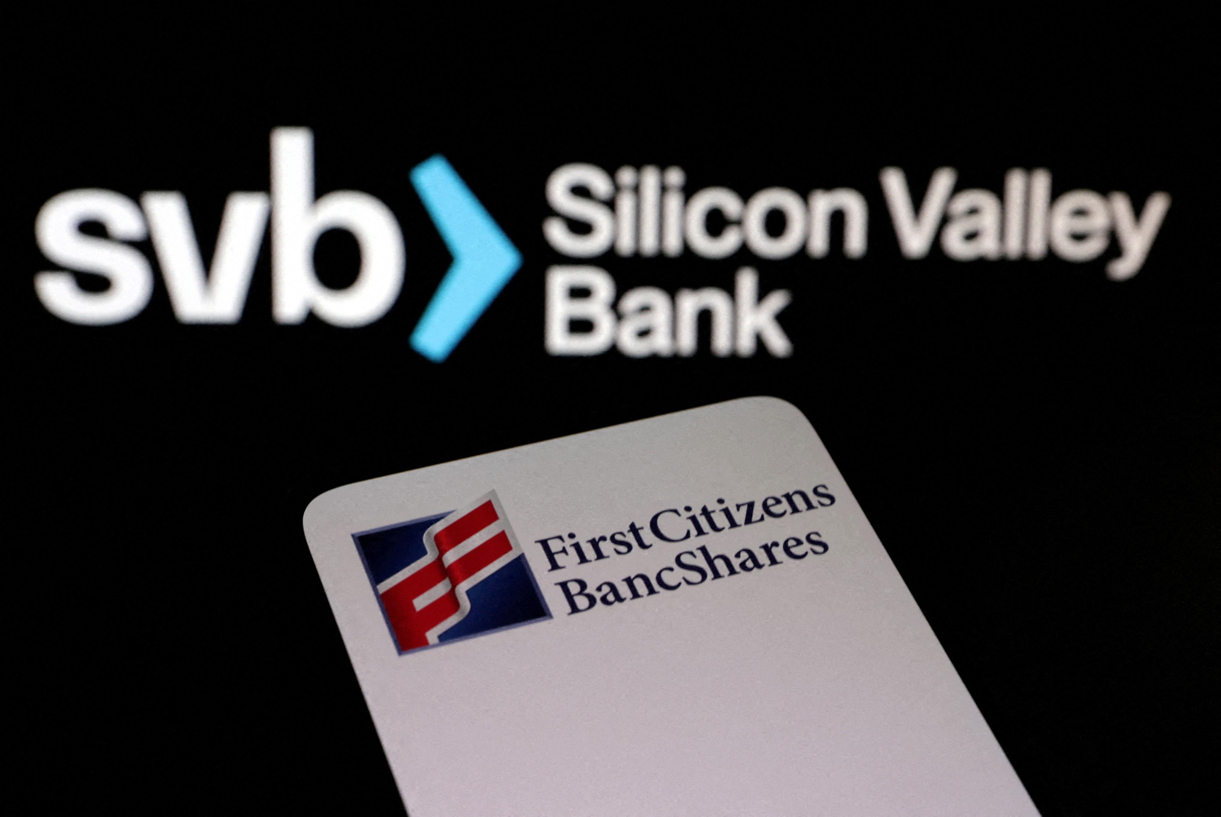 Illustration shows First Citizens BancShares and SVB (Silicon Valley Bank) logos