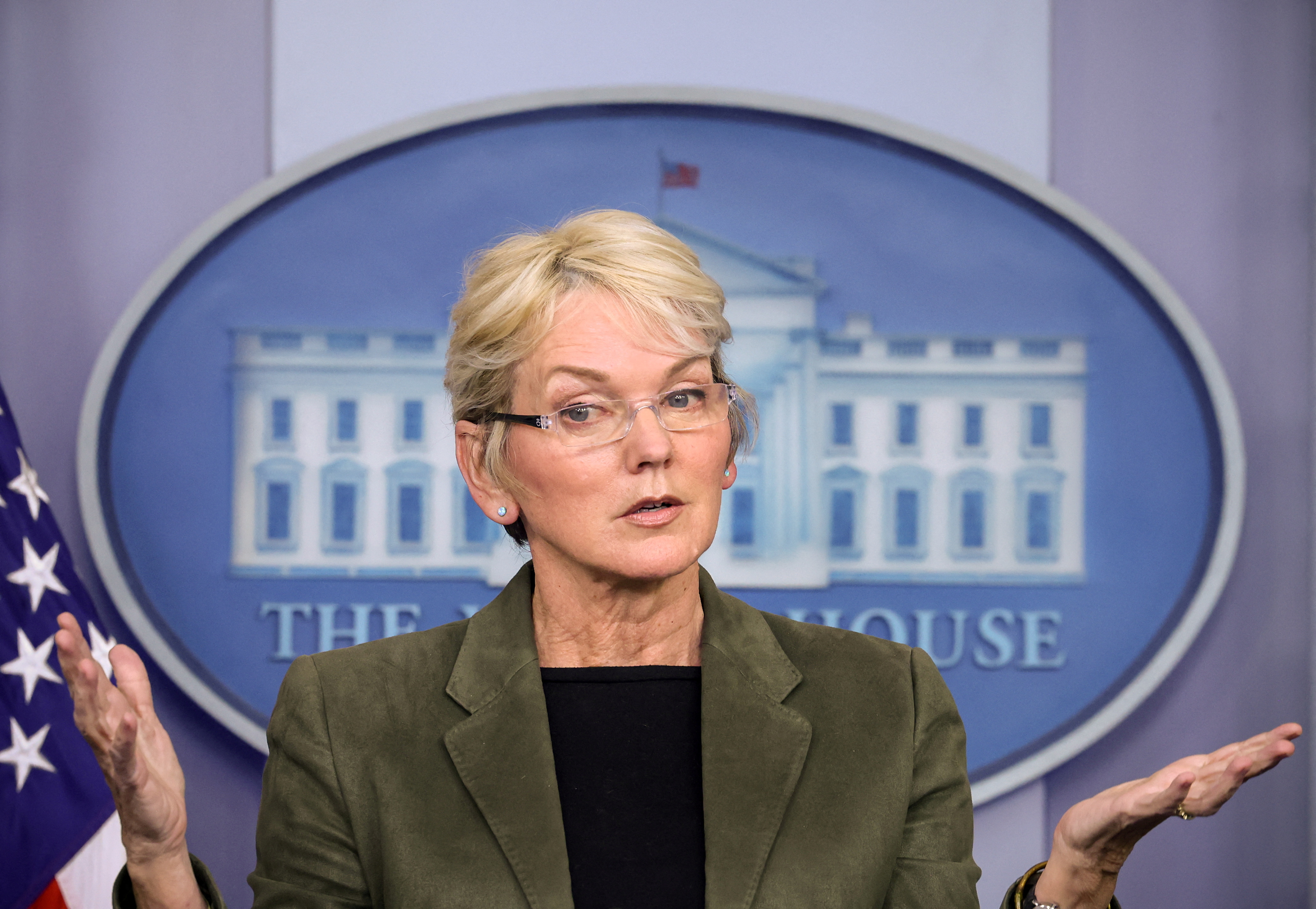 Secretary of Energy Jennifer Granholm takes questions during a media briefing at the White House in Washington, U.S., November 23, 2021. REUTERS/Evelyn Hockstein