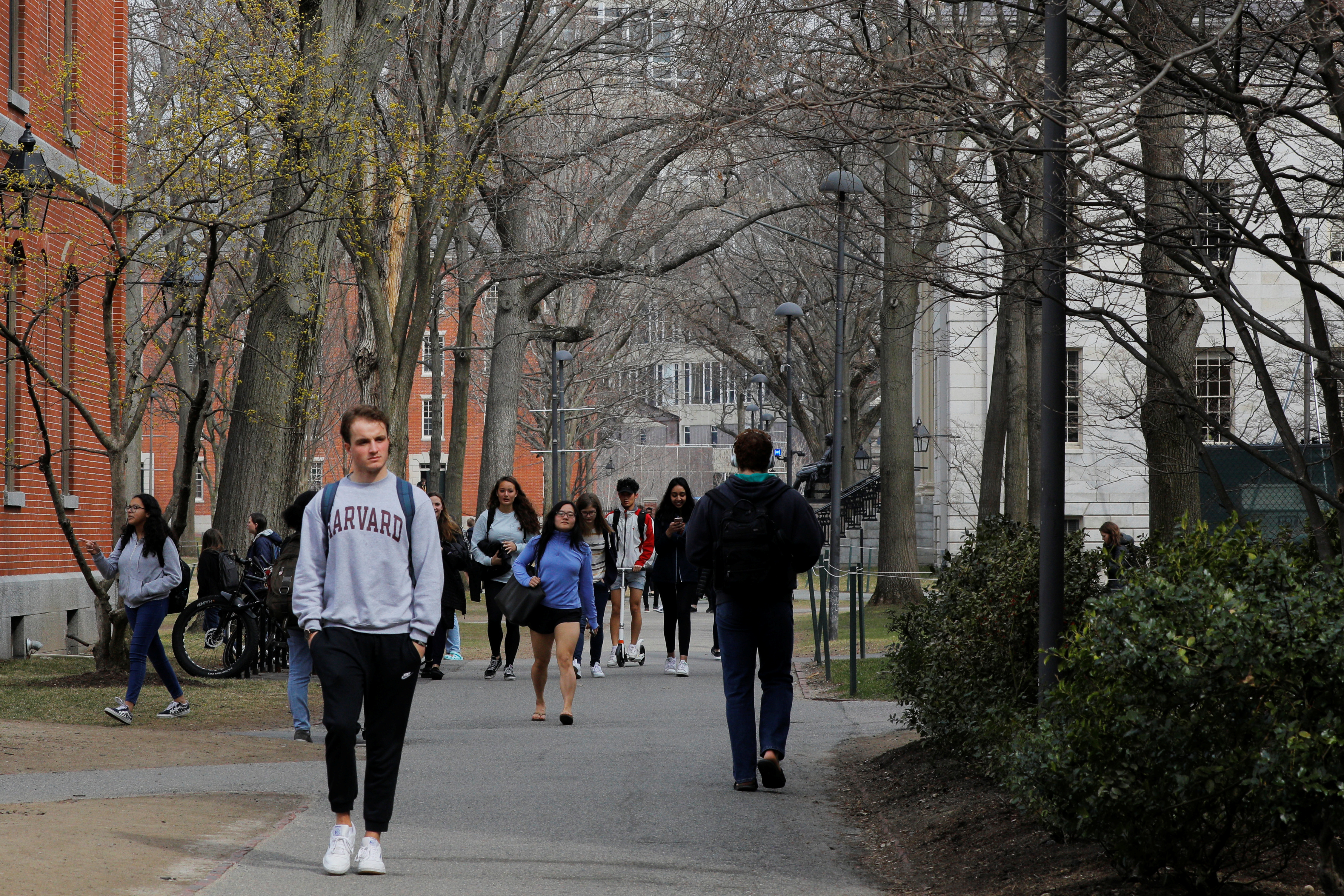 Students and pedestrians walk through the Yard at Harvard University in Cambridge