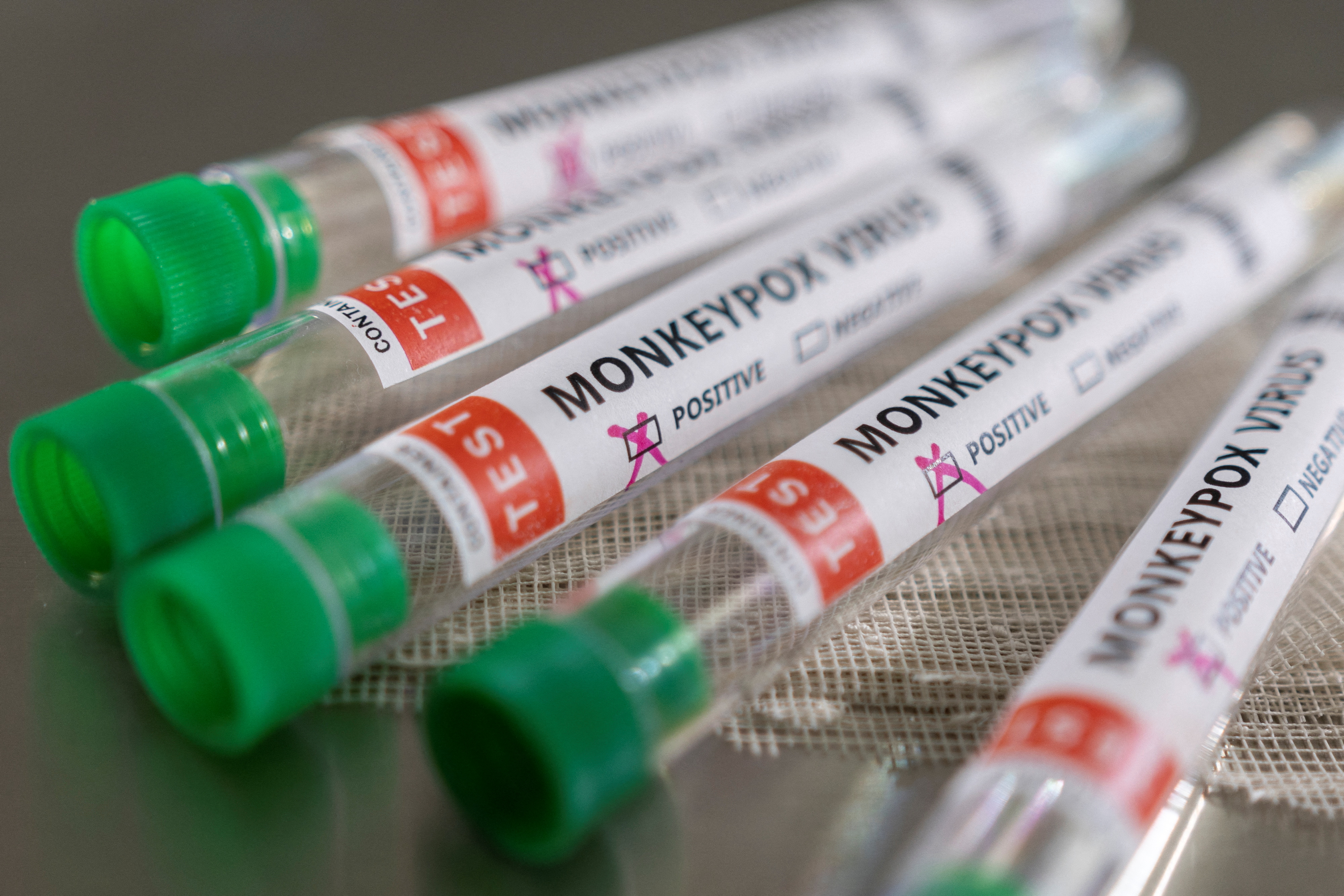 Illustration shows test tubes labelled "Monkeypox virus positive\