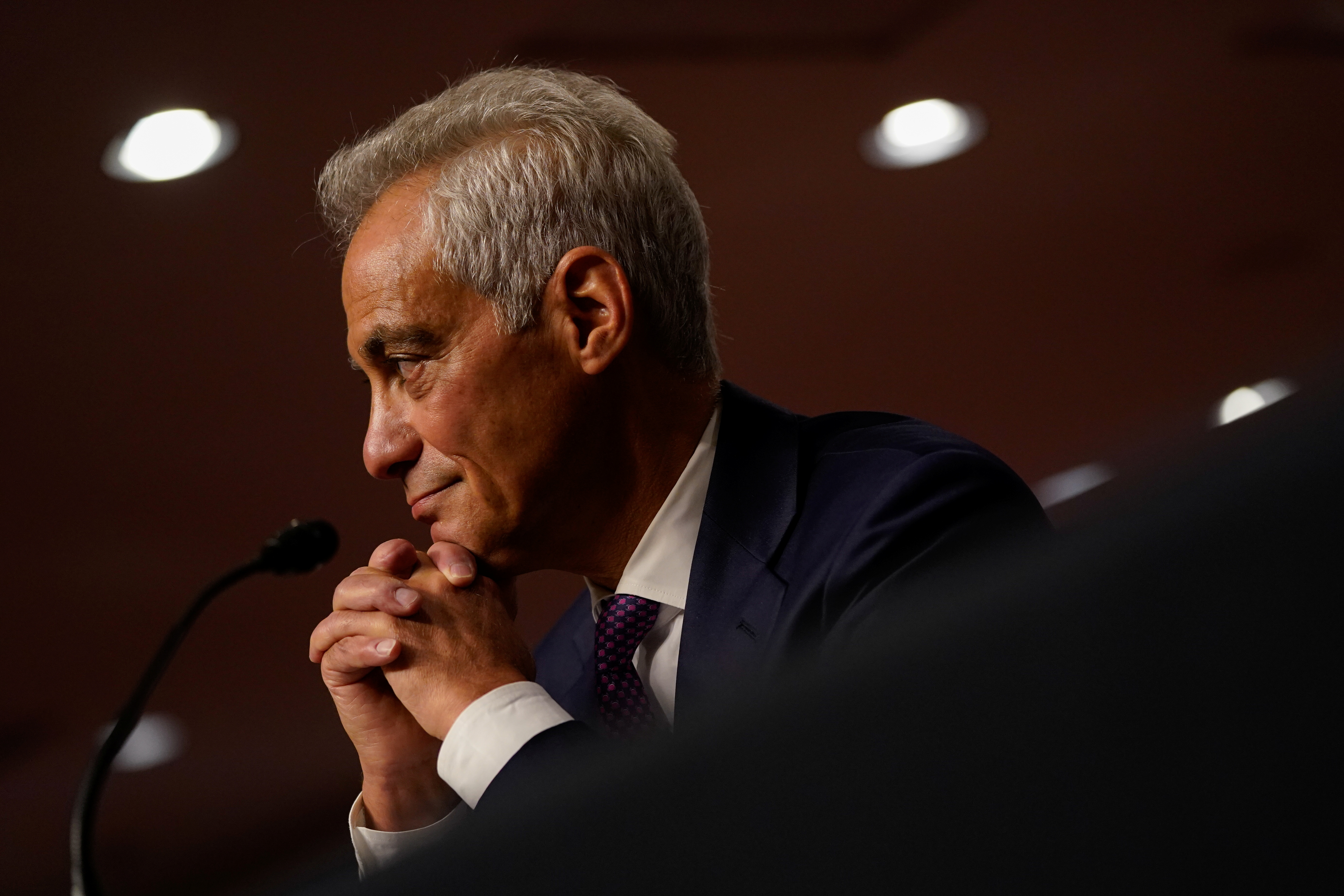 Former Chicago Mayor Rahm Emanuel listens as committee members speak during the Senate Foreign Relations Committee hearing on his nomination to be the United States Ambassador to Japan, on Capitol Hill in Washington, U.S., October 20, 2021. REUTERS/Elizabeth Frantz