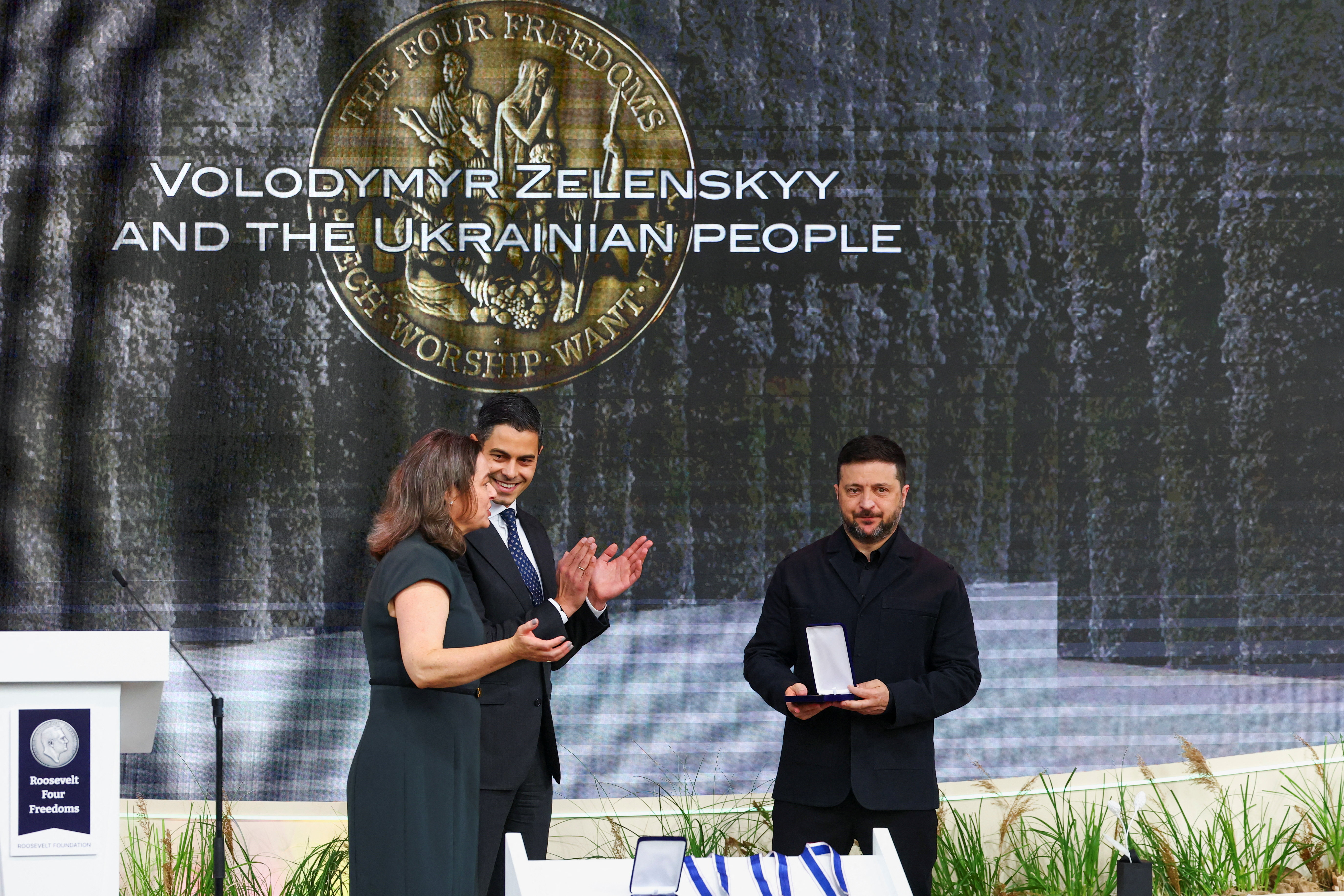 President Zelenskiy accepts Roosevelt award for Ukraine's fight