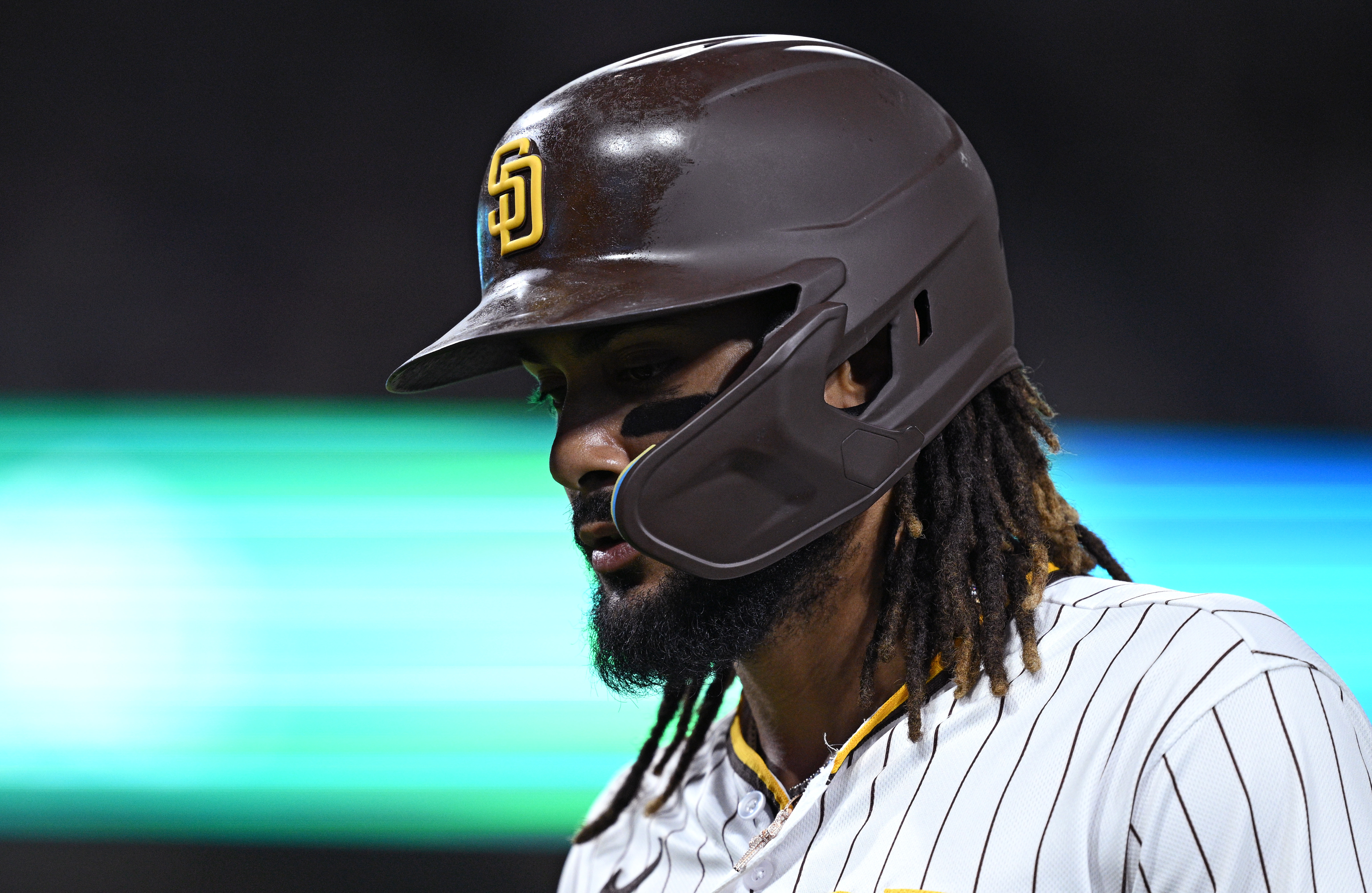 Milwaukee, WI, USA. 14th May, 2016. San Diego Padres catcher Hector Sanchez  #44 walks back to dugout after striking out in the Major League Baseball  game between the Milwaukee Brewers and the