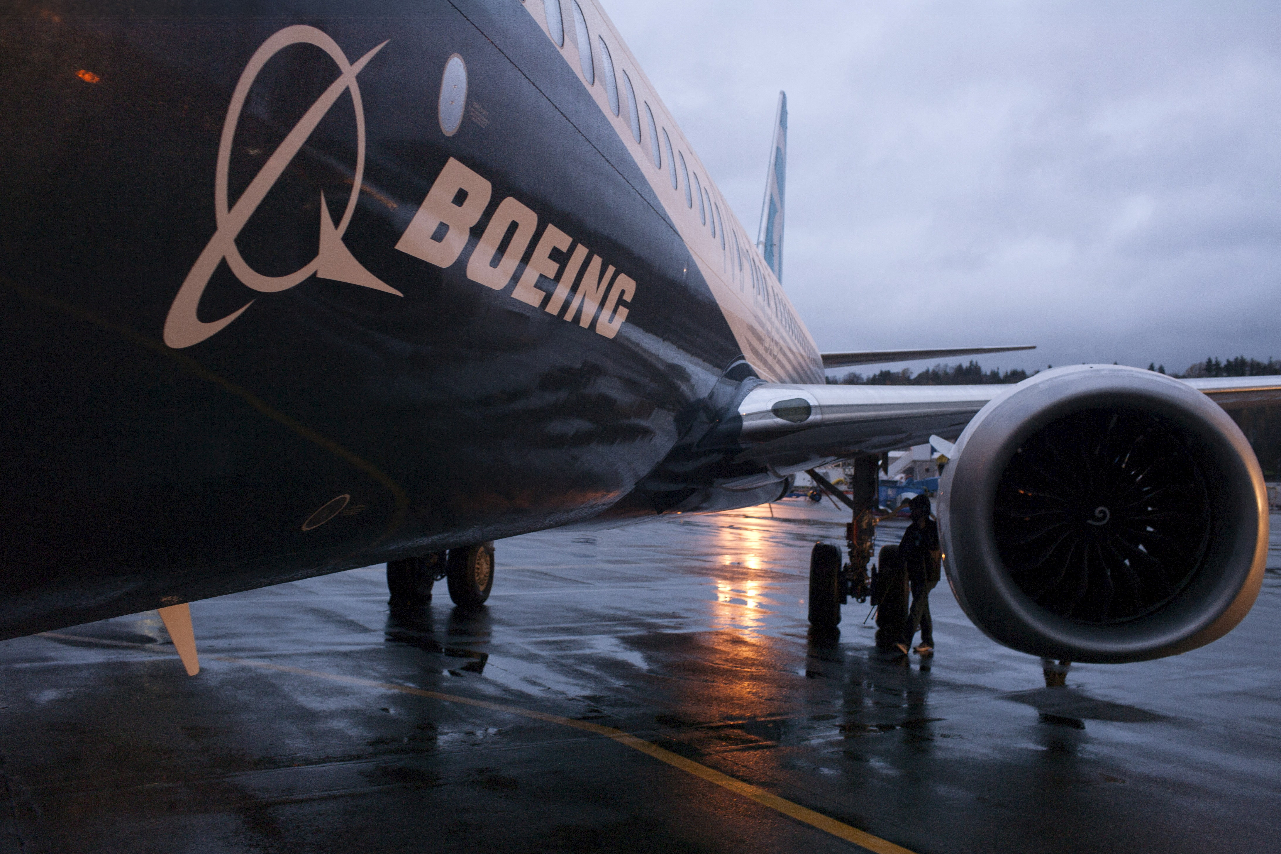 A Boeing 737 MAX sits outside the hangar during a media tour of the Boeing 737 MAX at the Boeing plant in Renton, Washington