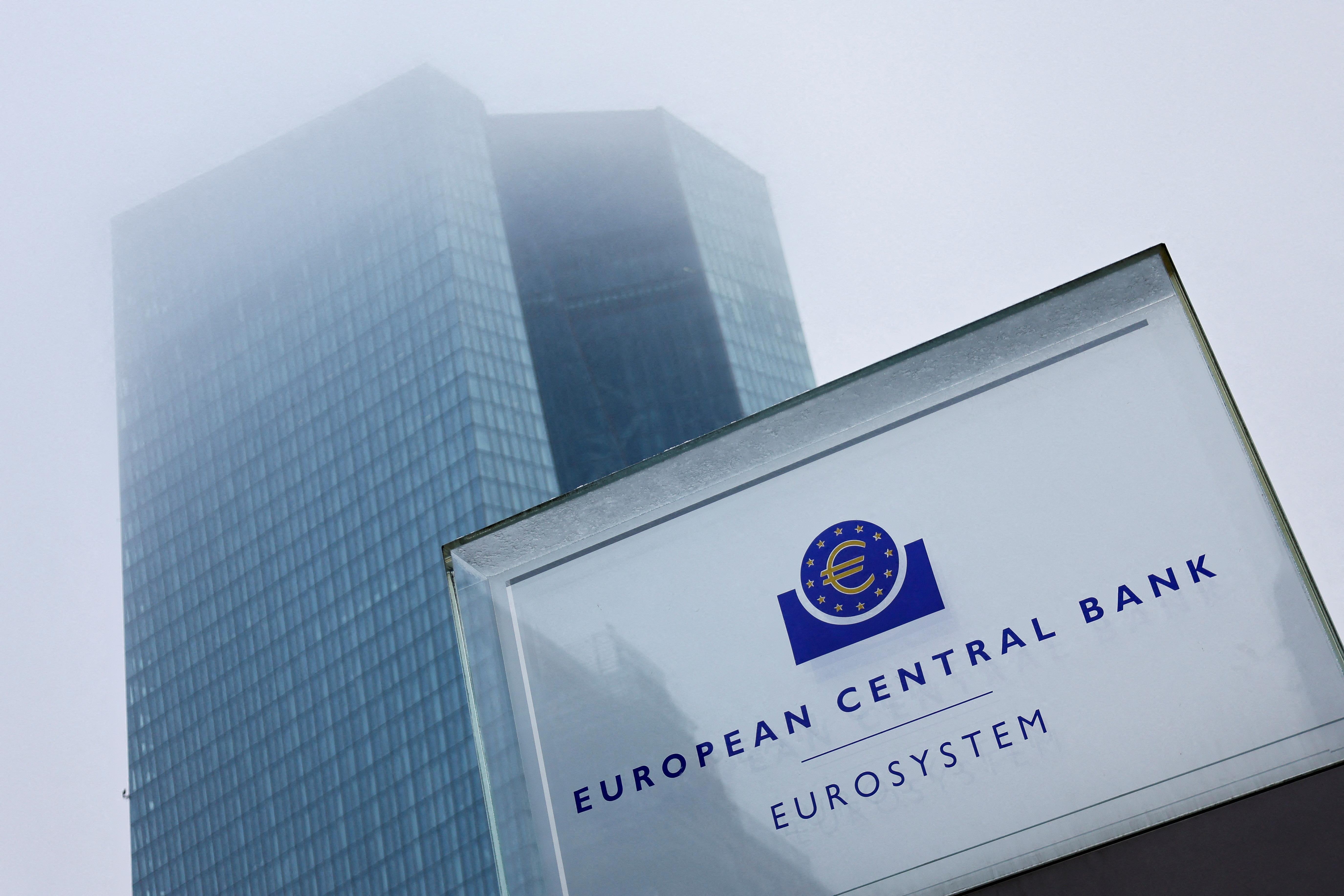 ECB building in fog, in Frankfurt