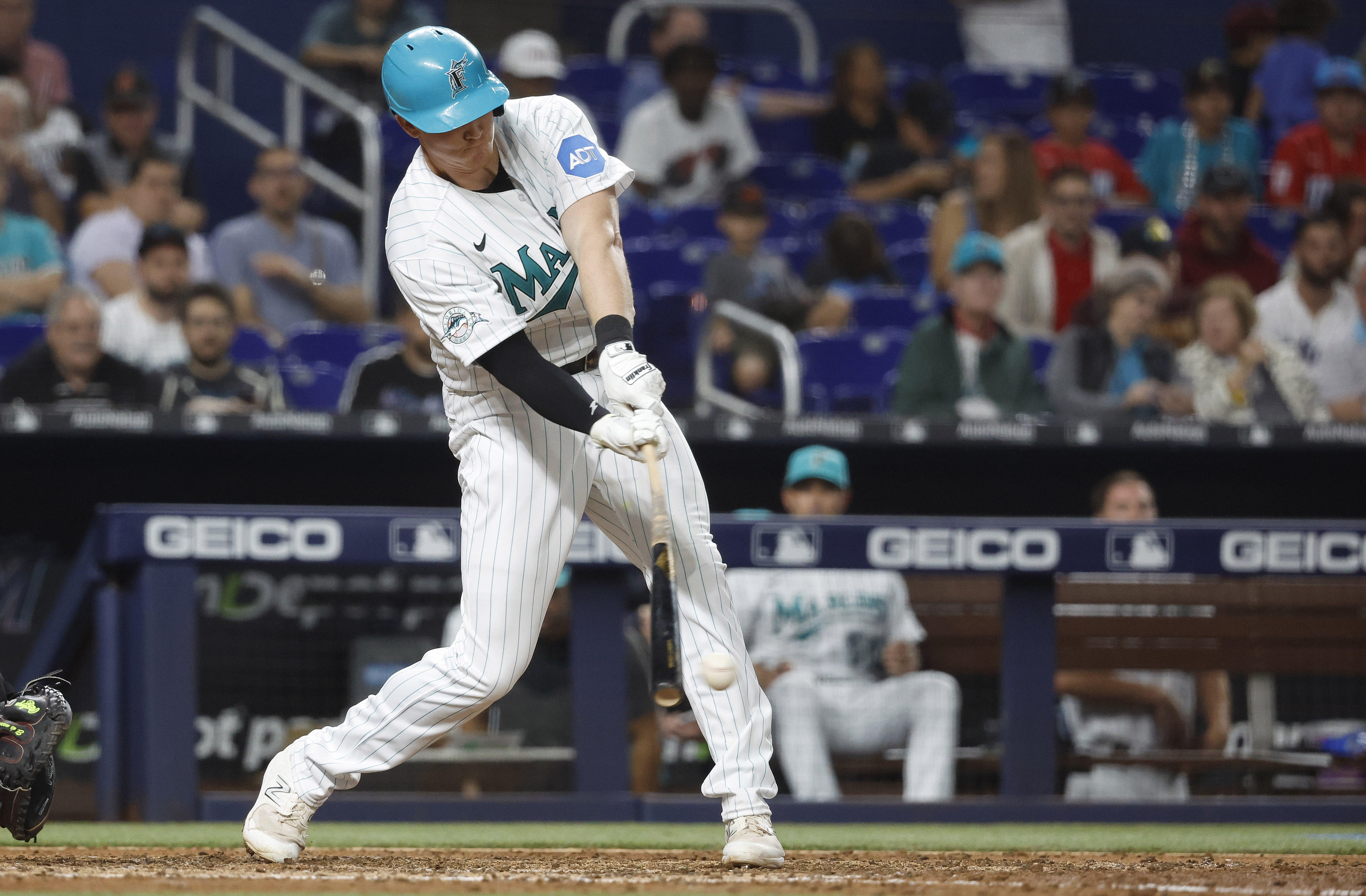 MIAMI, FL - APRIL 14: Arizona Diamondbacks third baseman Evan Longoria (3)  bats for Arizona during the game between the Arizona Diamondbacks and the  Miami Marlins on Friday, April 14, 2023 at