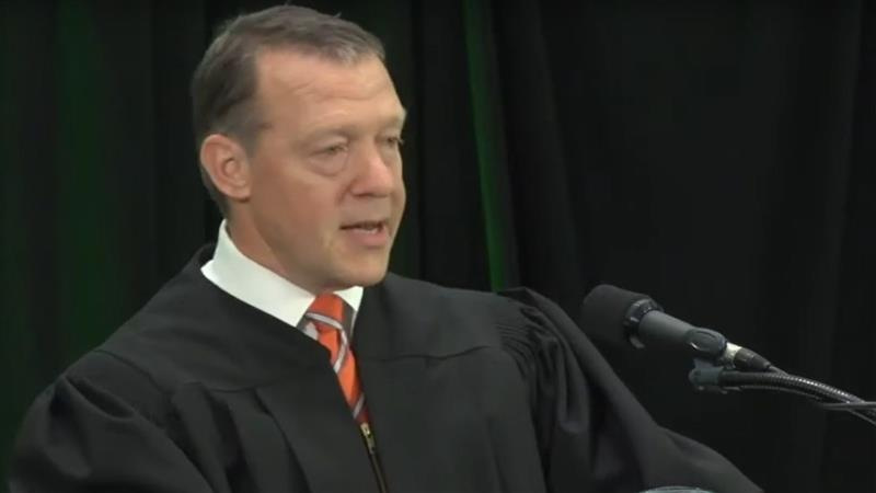 U.S. District Judge Alan Albright speaks during his investiture ceremony in Waco, Texas, on May 1, 2019.