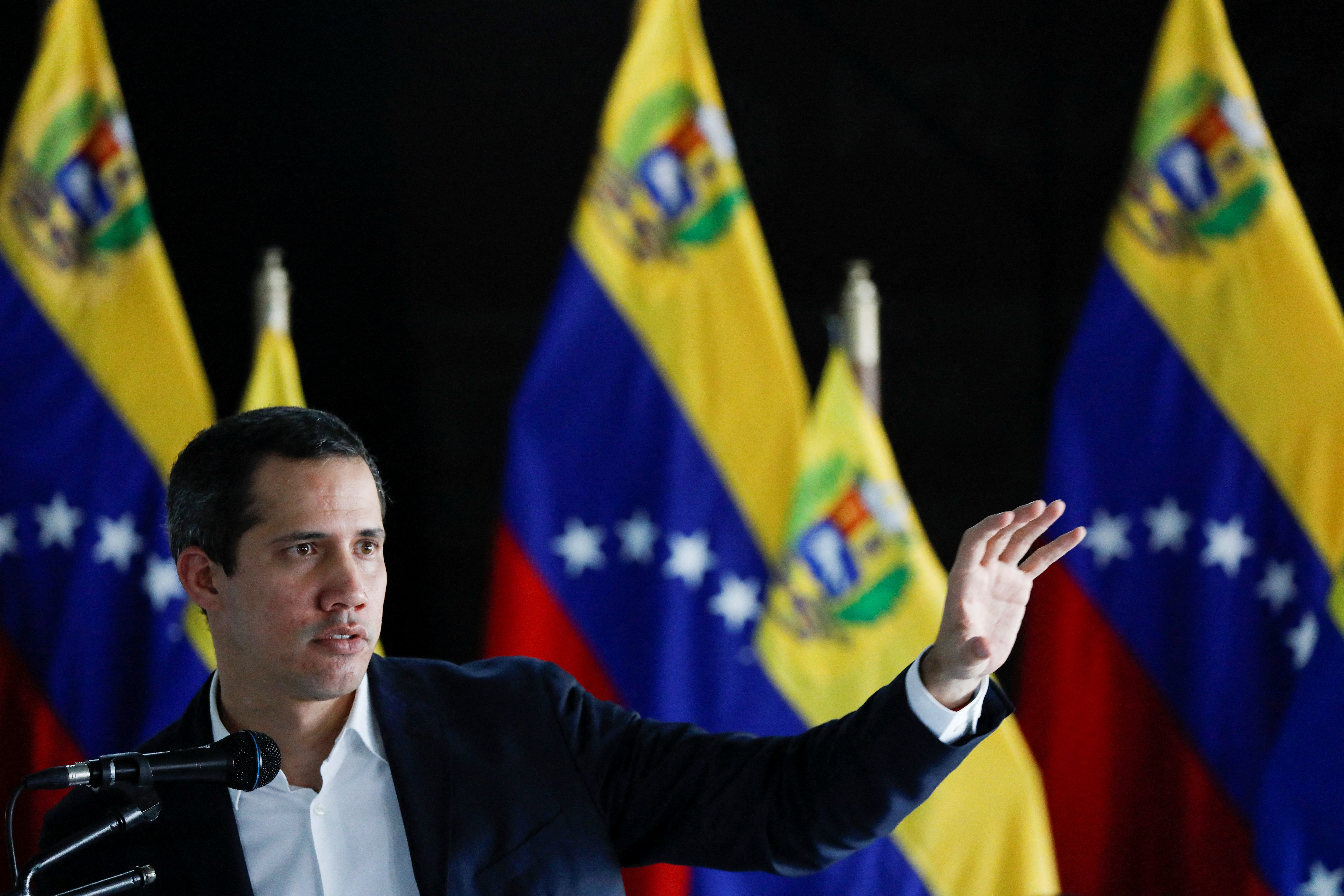 Venezuela's opposition leader Juan Guaido addresses the media in Caracas