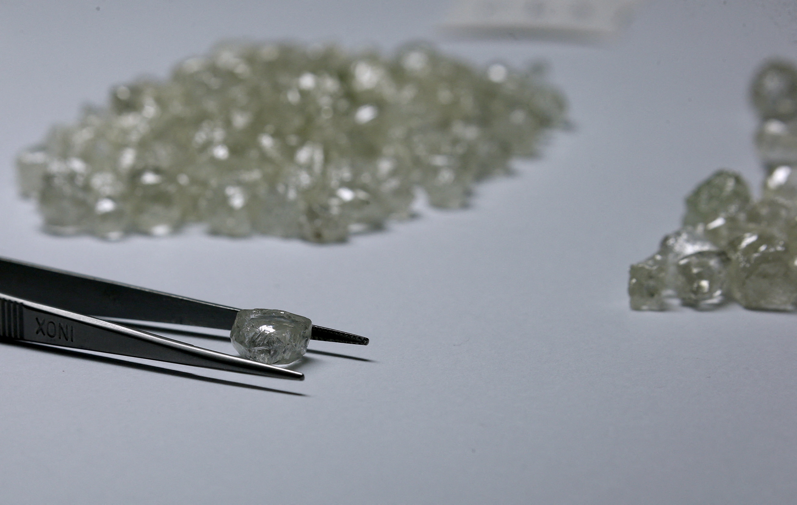 Diamonds are displayed during a visit to the De Beers Global Sightholder Sales (GSS) in Gaborone, Botswana