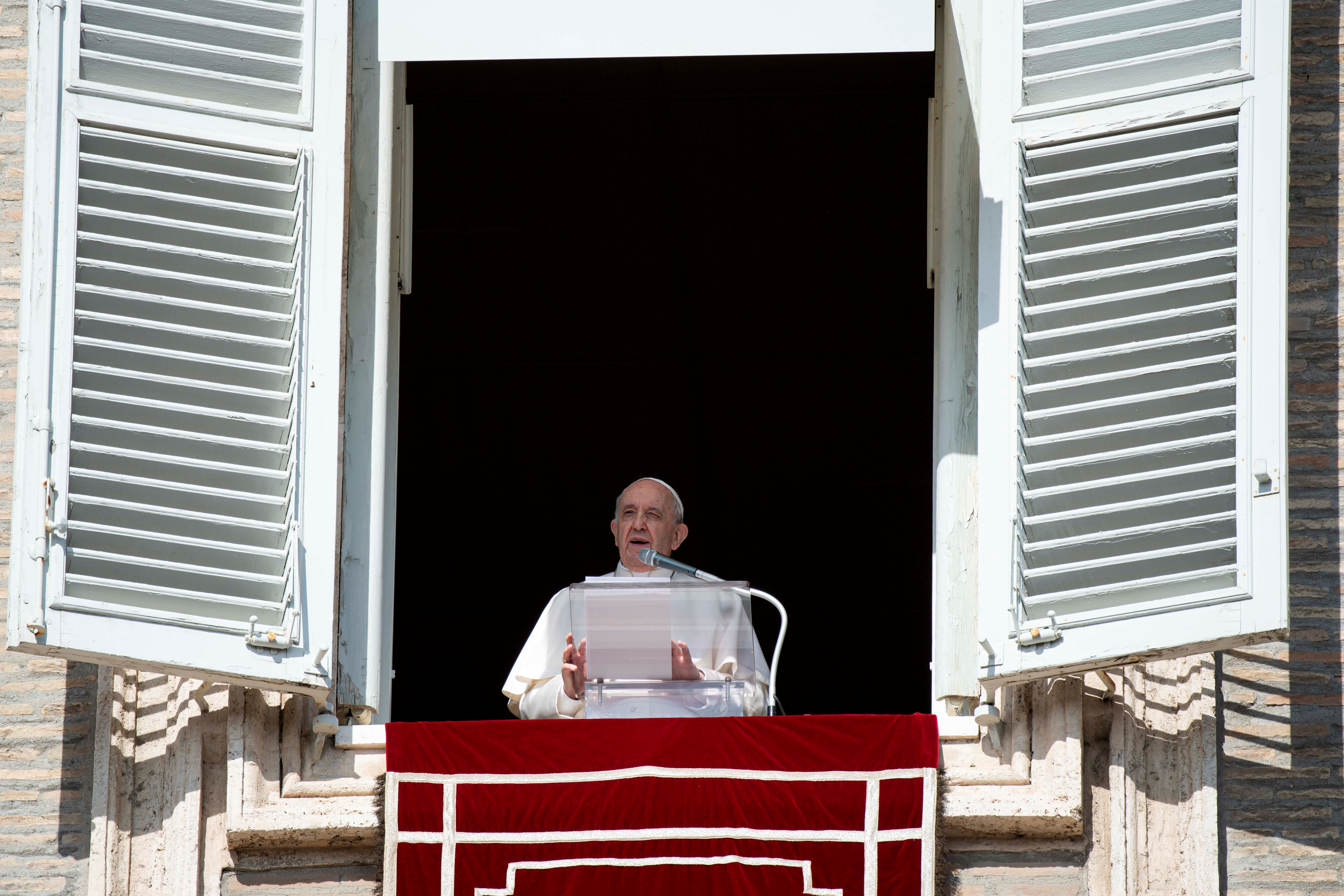Pope Francis leads Angelus prayer from his window, at the Vatican, October 24, 2021. Vatican Media/Handout via REUTERS 