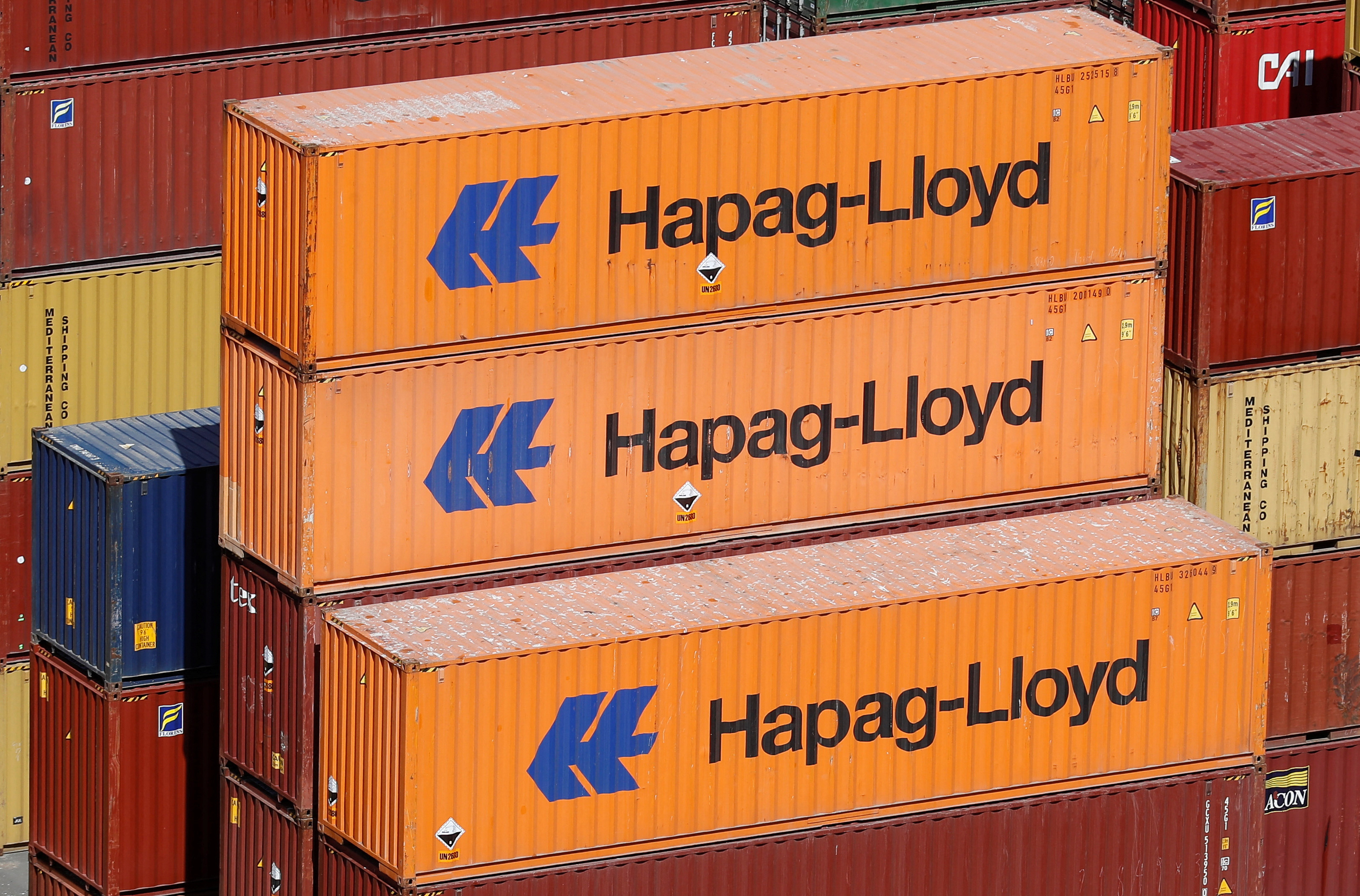 Containers of the Hapag-Lloyd shipping company are pictured at the Valparaiso port